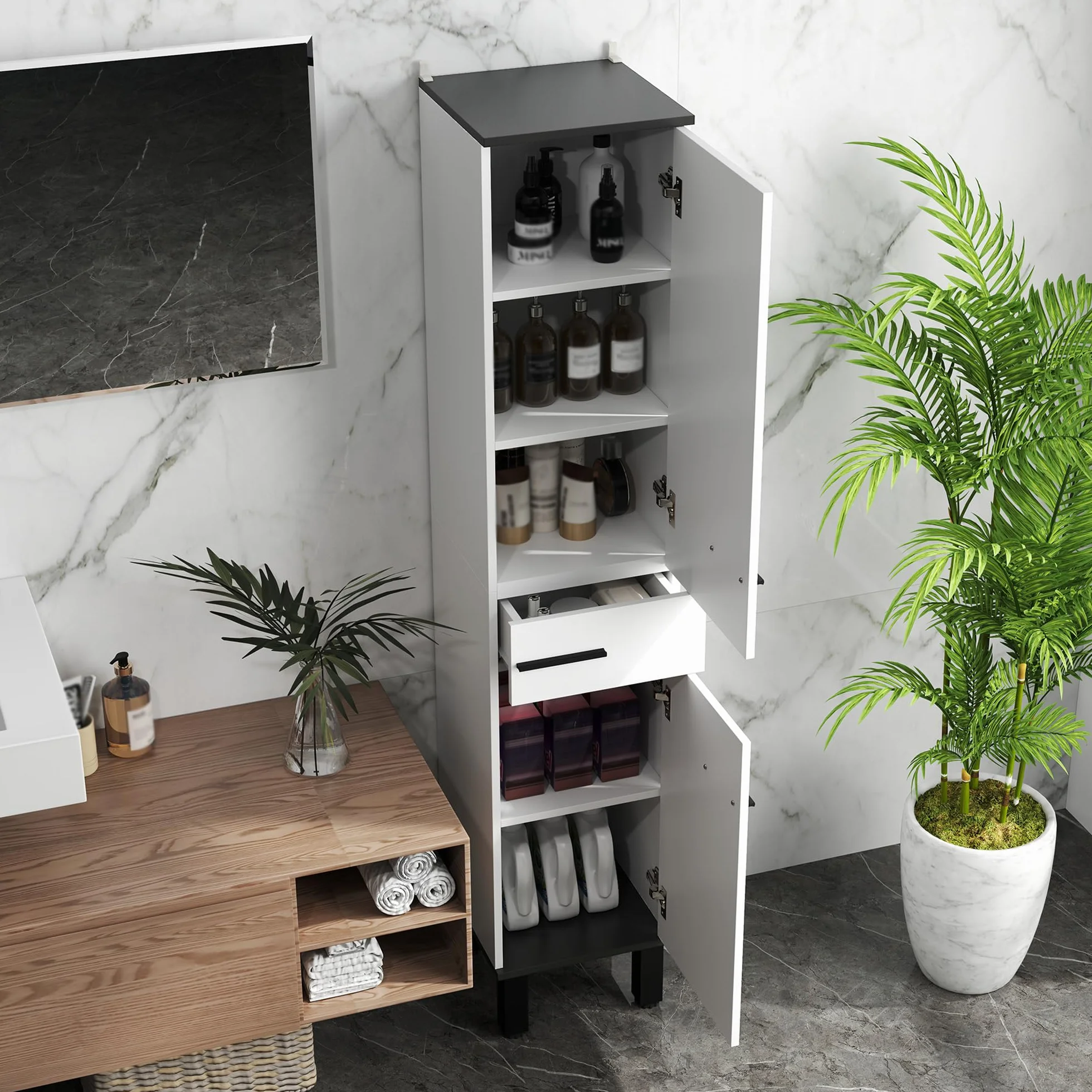 HOMCOM Columna de Baño Armario Alto de Baño con Cajón 2 Puertas y Estantes Ajustable Mueble Auxiliar de Baño Moderno Anti-vuelco 34x32x170 cm Blanco