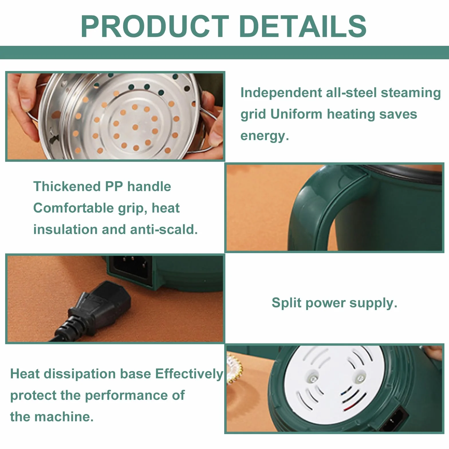 Hot Pot Eléctrico 1,5 L Portátil Antiadherente con Vapor Olla Rápida Sartén Eléctrica Doble Potencia Hervidor de Viaje