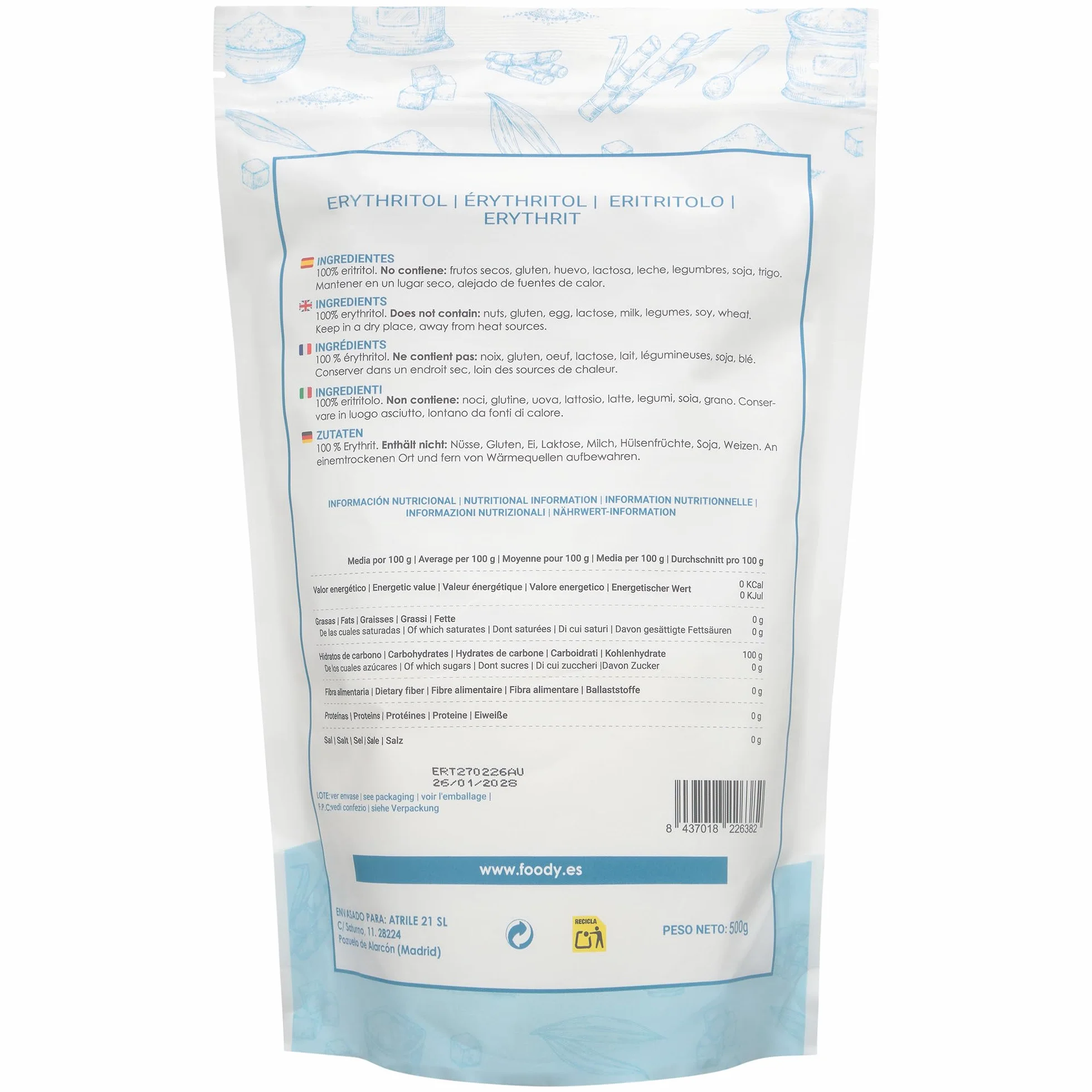 Eritritol 500g Edulcorante Natural Sin Calorías Vegano Sin Gluten Sin Lactosa Envase Doypack