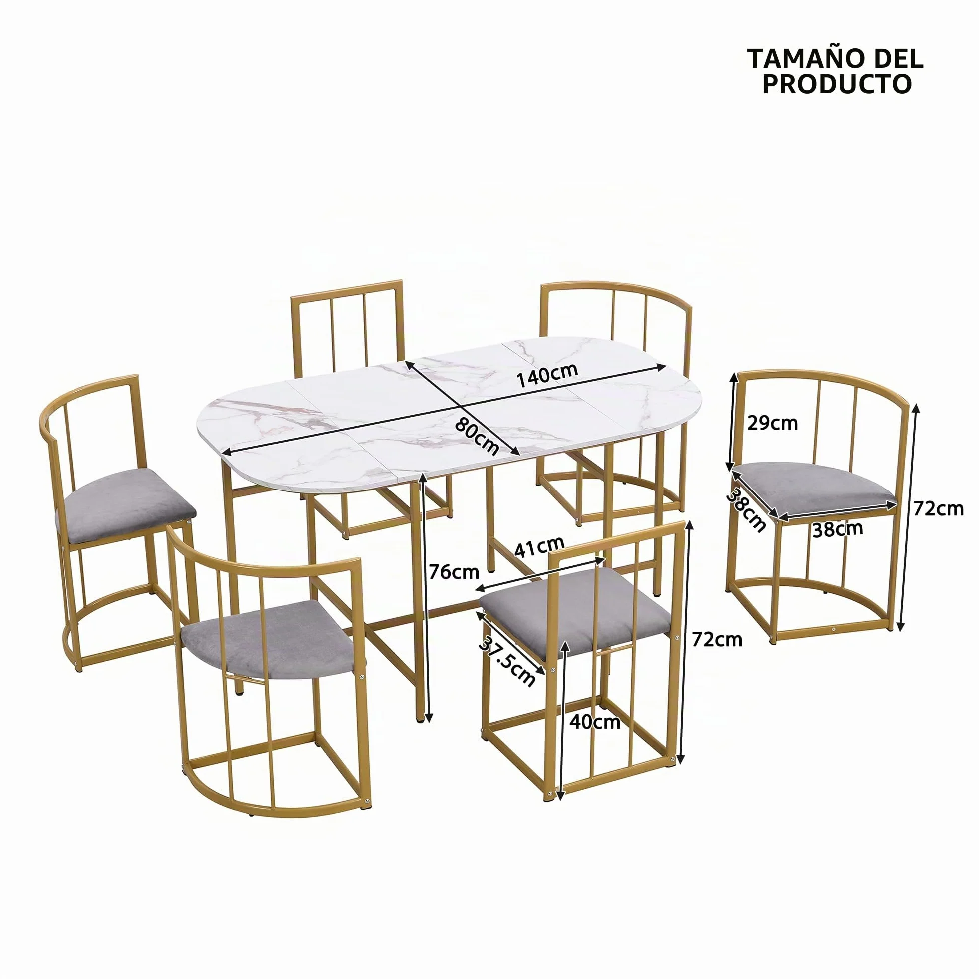 Lexiou Juego de comedor de seis sillas: mesa blanca, estructura de hierro y tapicería gris, combinación moderna