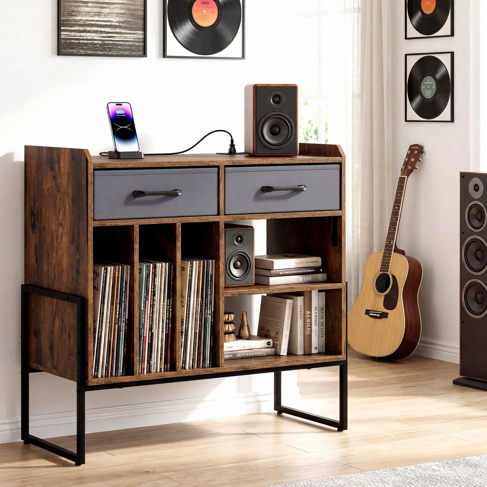 COSTWAY Mueble para Tocadiscos y Vinilos con Estación de Carga, 5 Compartimentos, 76x35,5x68,5 cm