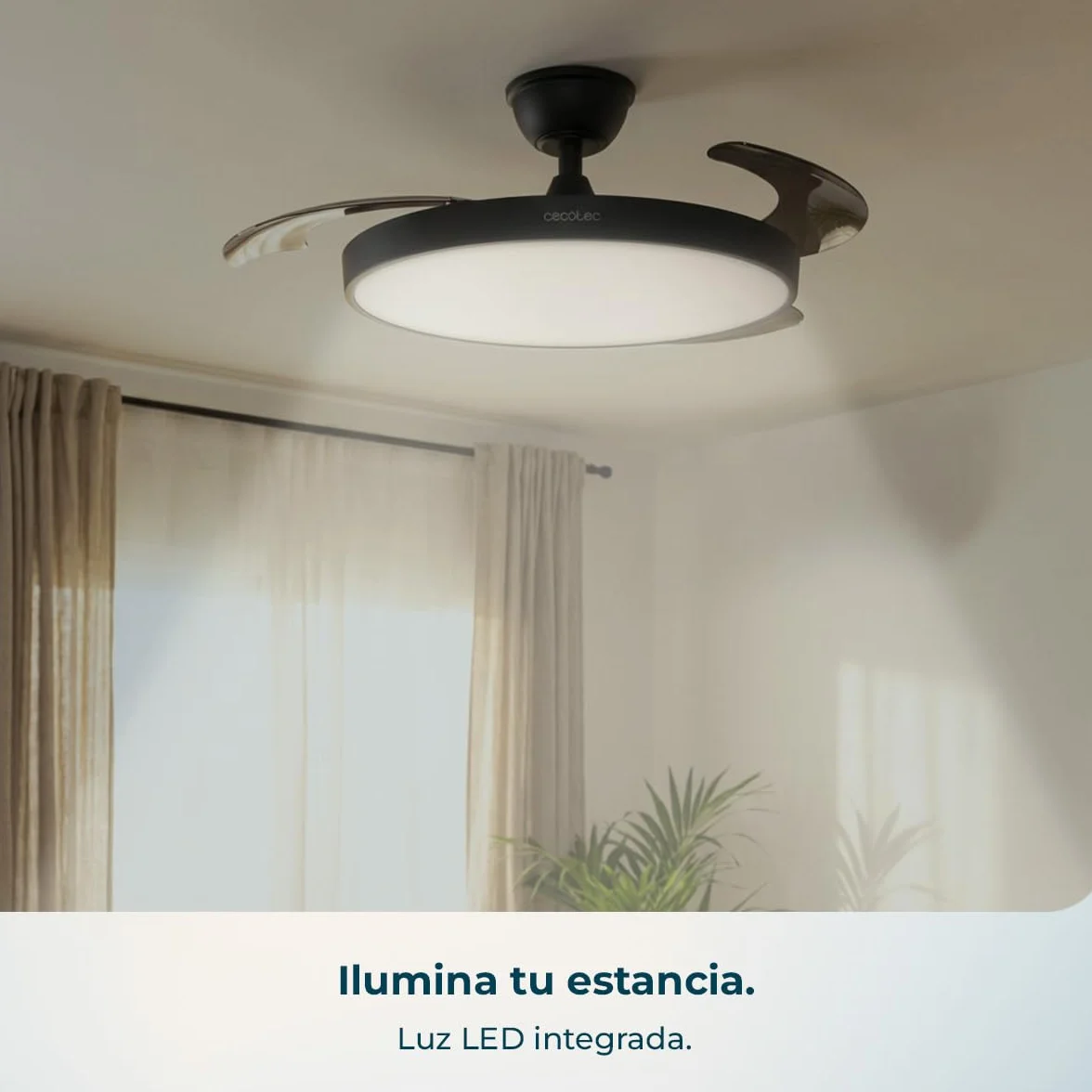 Cecotec Ventilador de Techo con Luz Aspas Retráctiles EnergySilence Aero 300 Air Invisible Black 30W Motor DC Mando a Distancia 6 Velocidades