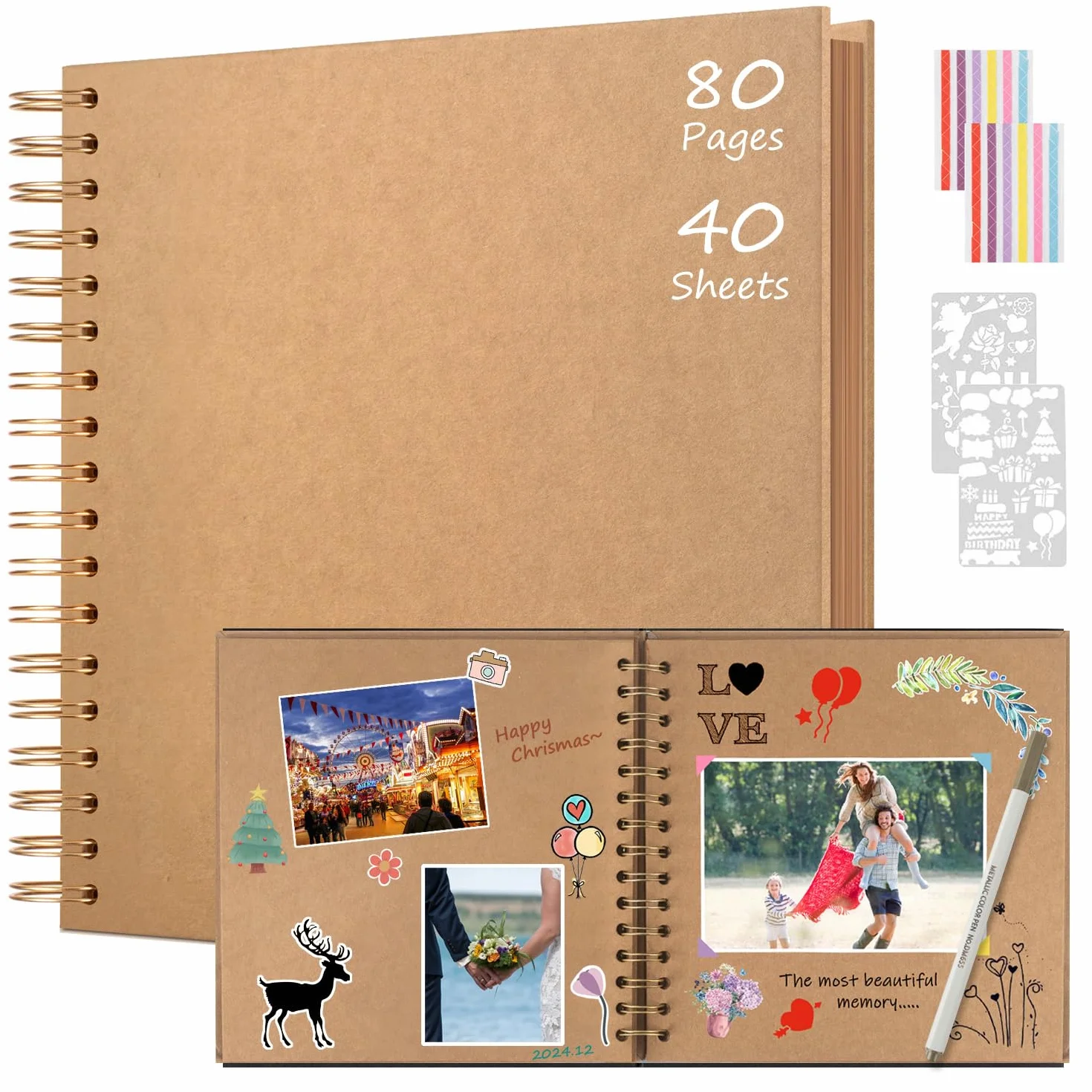 Álbum de Fotos Scrapbook 24x24cm, DIY Espiral Álbum de Recortes para Pegar y Escribir 80 Páginas, Regalos de Boda Aniversario Bebé Cumpleanos Familiares (Caqui)