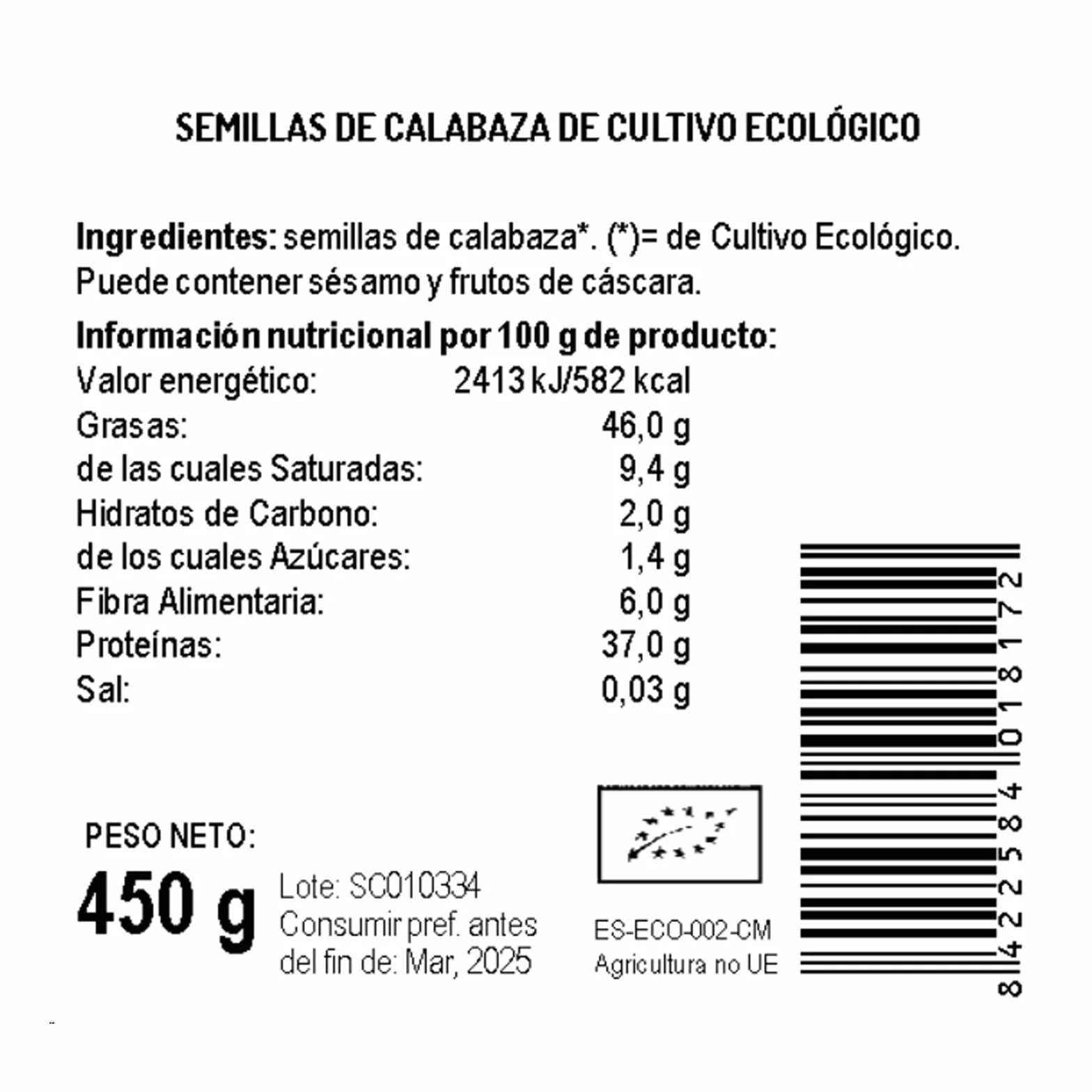 El Granero Integral Semillas de Calabaza 450 g Rico en Vitaminas y Minerales Vegano