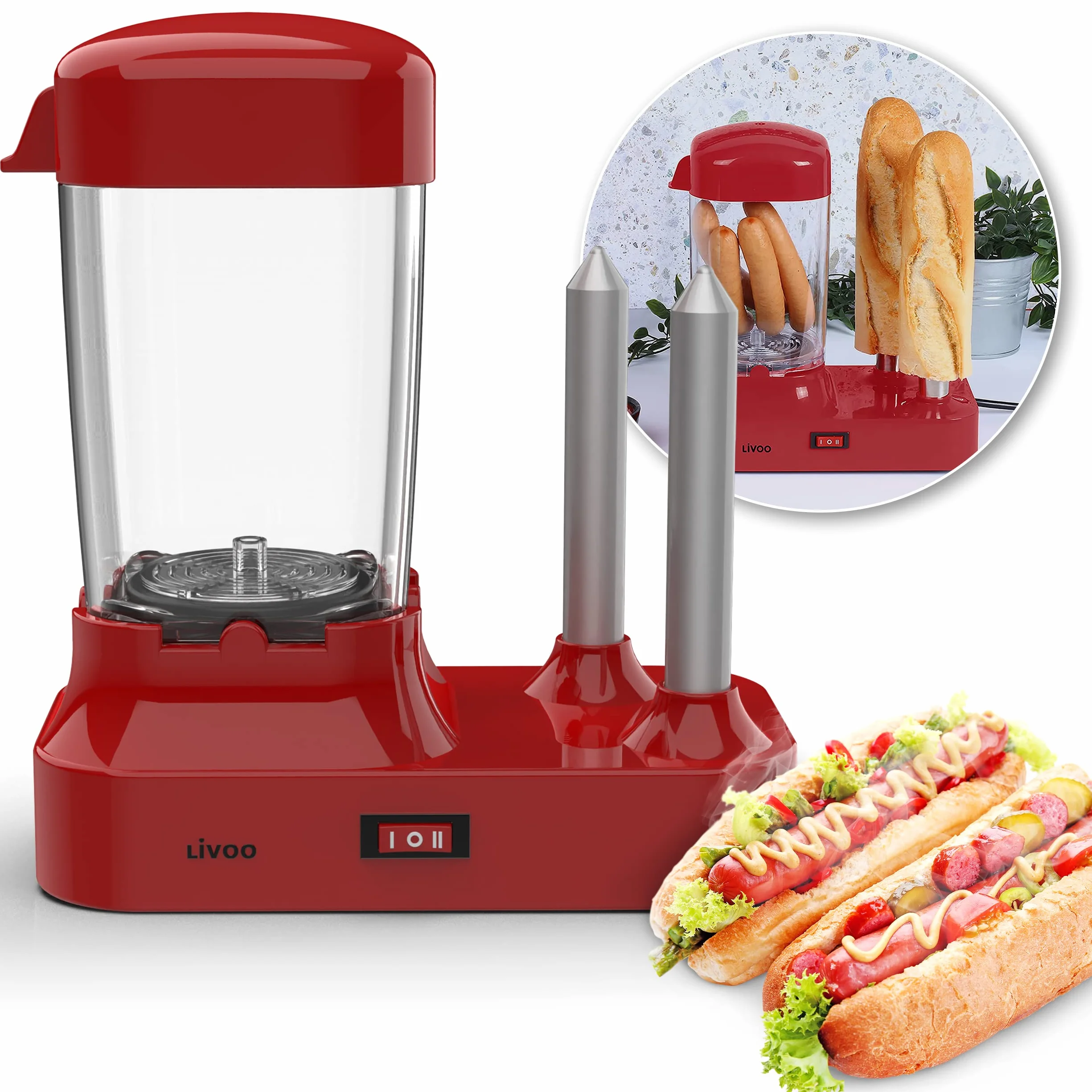 Hot Dog Maker con 2 calentadores de panecillos - Máquina para 6 salchichas - Recipiente térmico extraíble - Calentador de salchichas eléctrico con pinchos de acero inoxidable para calentar panecillos