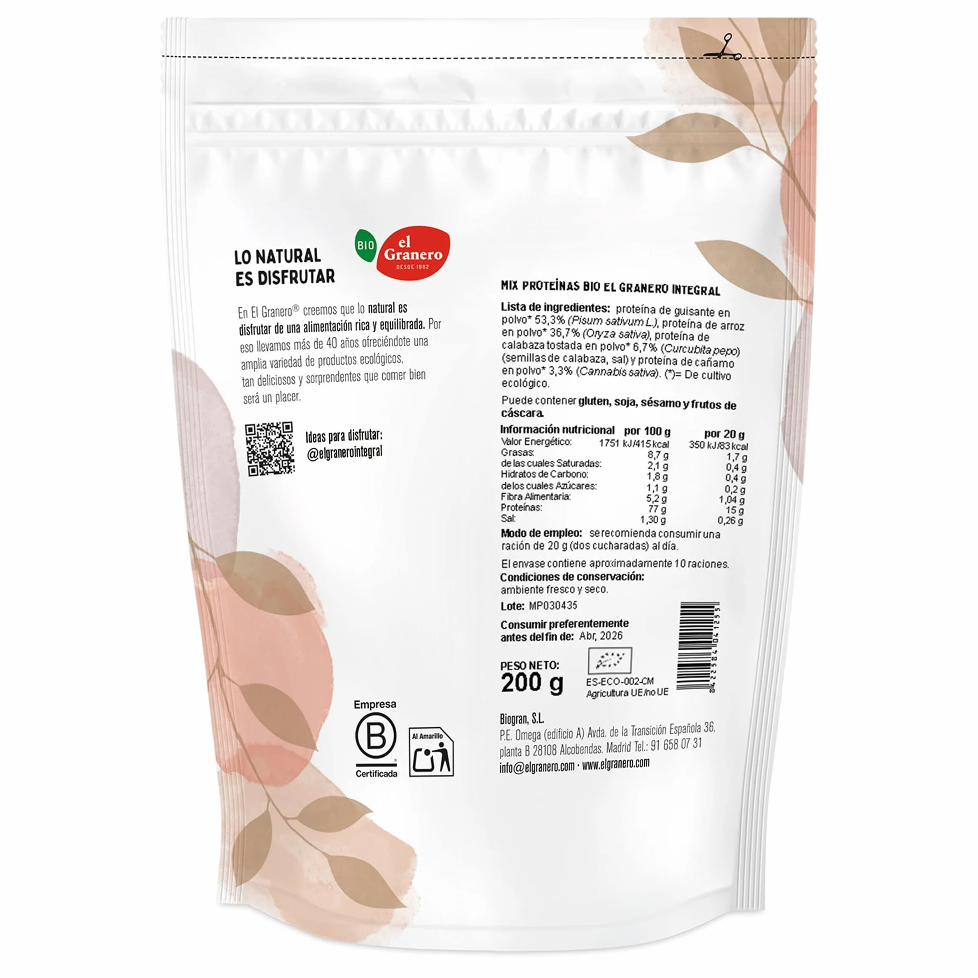 El Granero Integral Mix de Proteínas Ecológico 200 g Guisante Arroz Calabaza Tostada Aminoácidos Esenciales Vegano