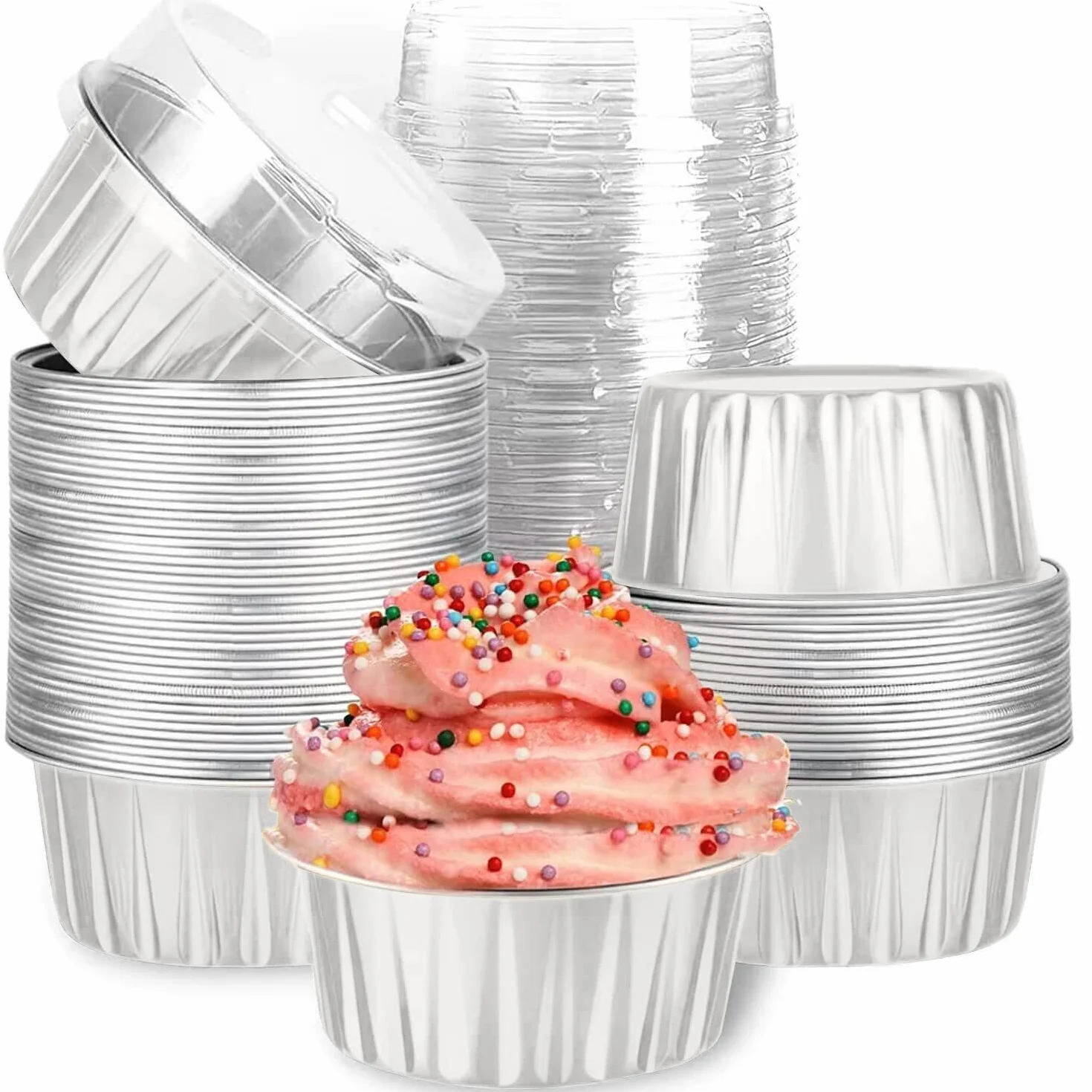 Mini tazas de aluminio para hornear cupcakes con tapas (40 unidades, 5 onzas) forros redondos de papel de aluminio para cupcakes, soporte para moldes de hojalata para tartas de tarta, mini recipientes