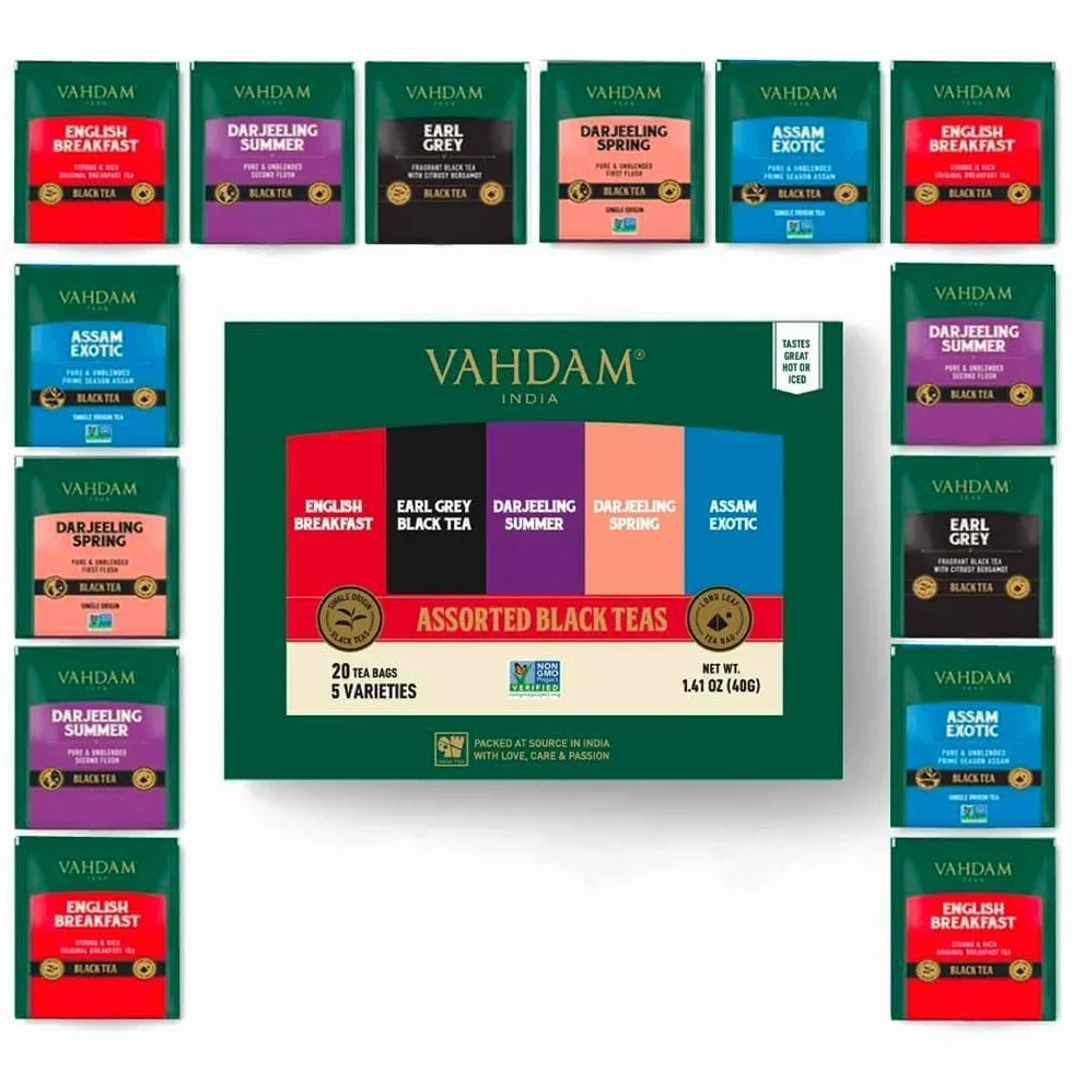 VAHDAM Té Negro Surtido 5 Sabores 20 Bolsitas Piramidales Assam Darjeeling Sin Gluten