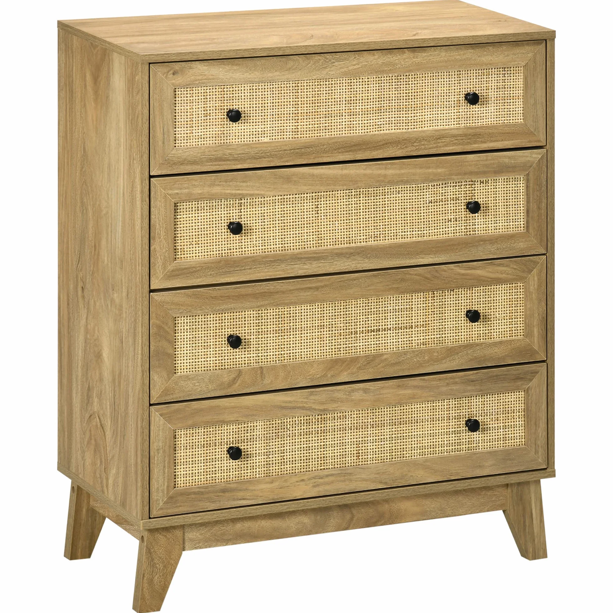 HOMCOM Cómoda con 4 Cajones Cómoda Dormitorio Estrecha con Frontales de Ratán y Patas Elevadas Cajonera para Salón Oficina 80x35x95 cm Natural