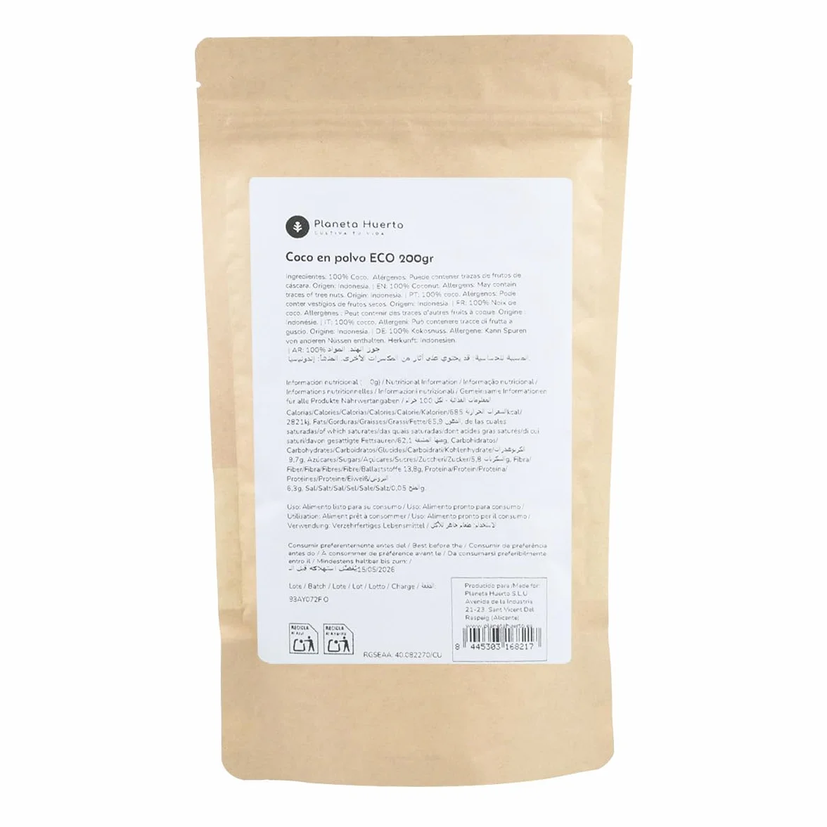 Coco en Polvo ECO 200 g - Harina de Coco Natural, Libre de Gluten y Rica en Fibra