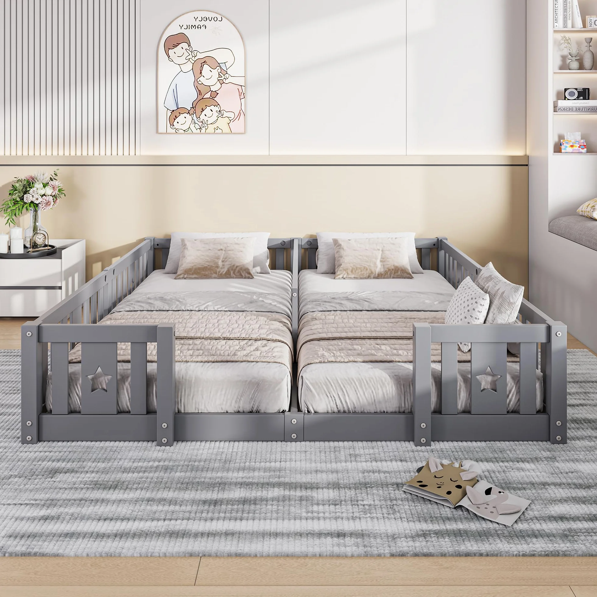 Cama en el suelo de 90 x 200 cm, cama infantil con barrera, cama montessori, madera maciza, camas dobles, para habitación de niños y niñas, sin colchón (gris A, 188 x 206 x 40)