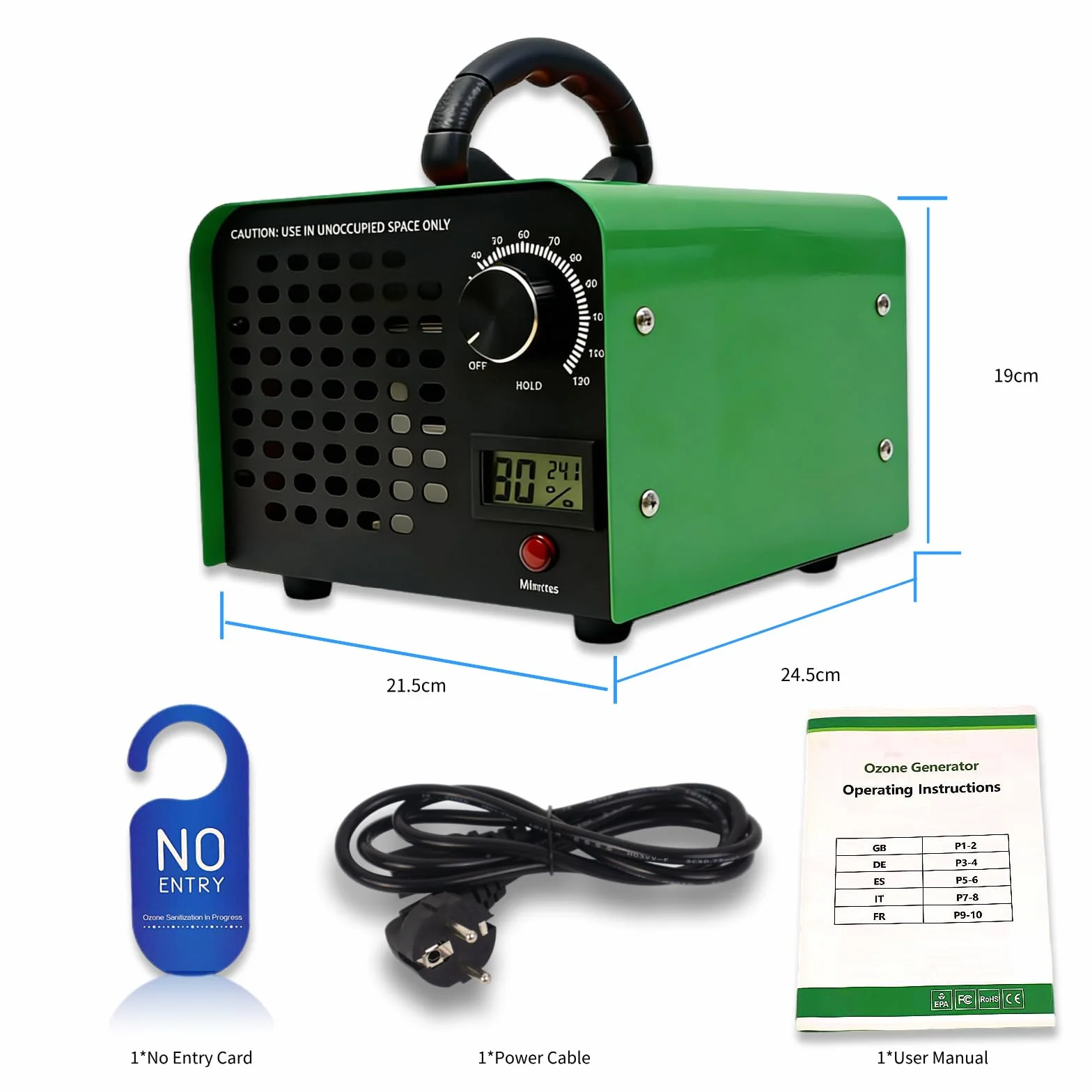 DawnMeet Generador de Ozono 40000mg/h 300㎡ Máquina Ozono Termohigrómetro Temporizador 120 Minutos Verde