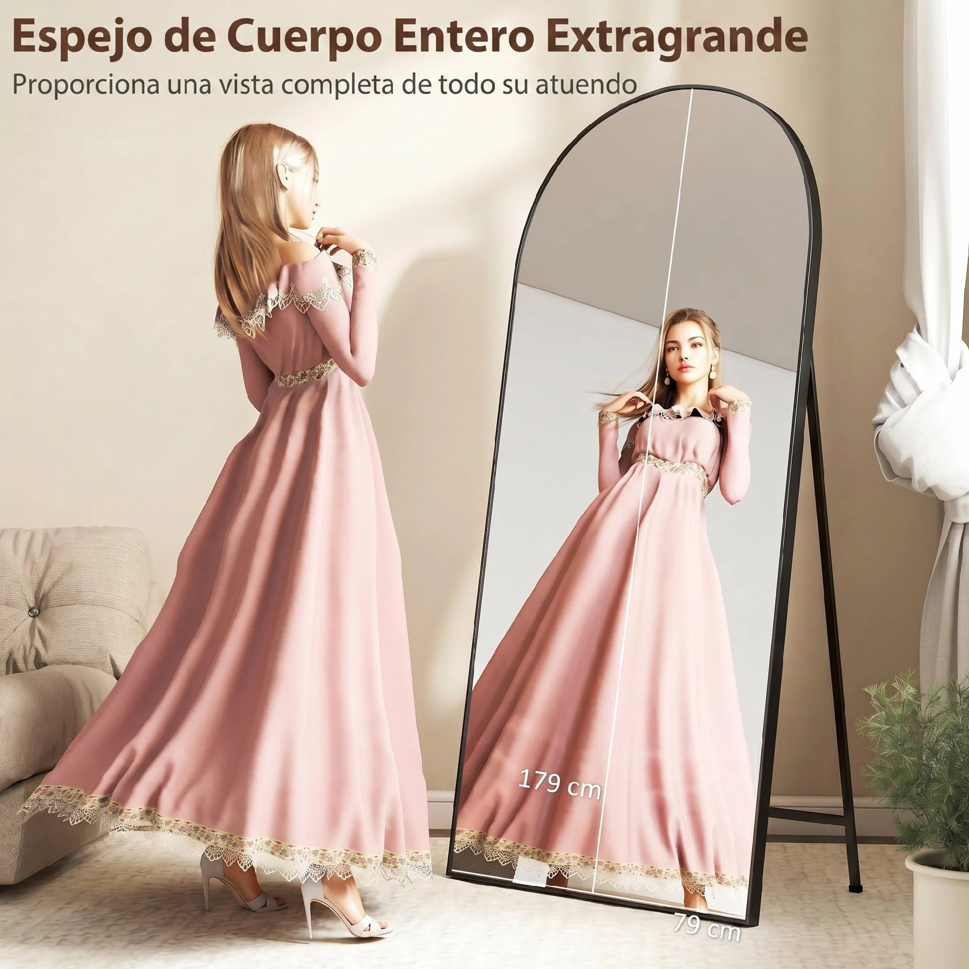 HOMCOM Espejo de Cuerpo Entero, 180x80 cm, Espejo de Pie Arqueado, Marco de Aluminio Negro, Independiente, Apoyado y de Pared, para Dormitorio, Salón