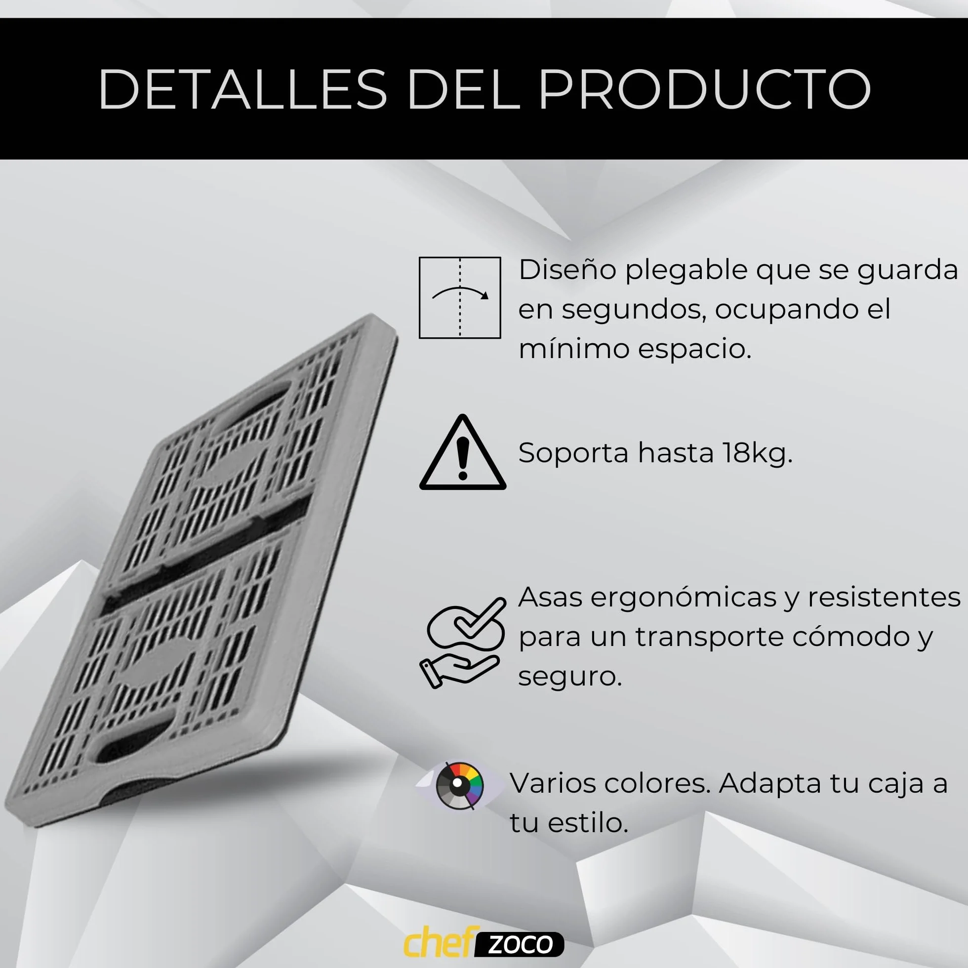 CHEFZOCO Caja Plegable con Asas, Caja plástico para Camping, Organizador para almacenaje, 48 cm Largo x 35 cm Ancho x 23 cm Alto, Capacidad 32 litros, Con asas laterales, Carga máxima de 18 Kg