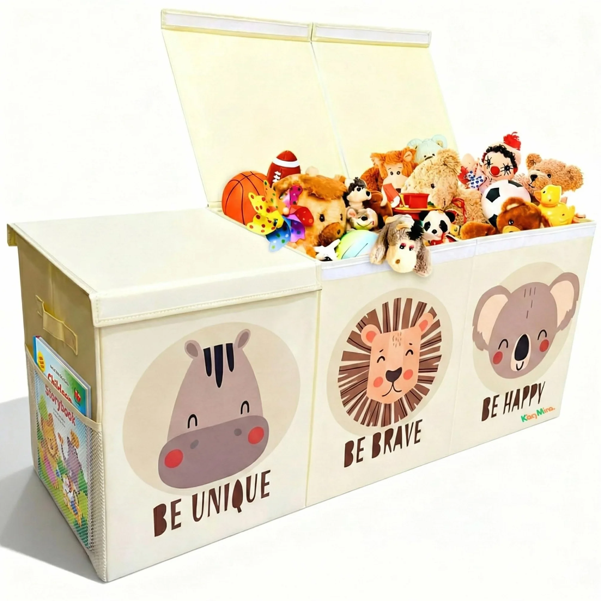 Baúl almacenaje juguetes infantil XL con tapa plegable, Organizador juguetero beige