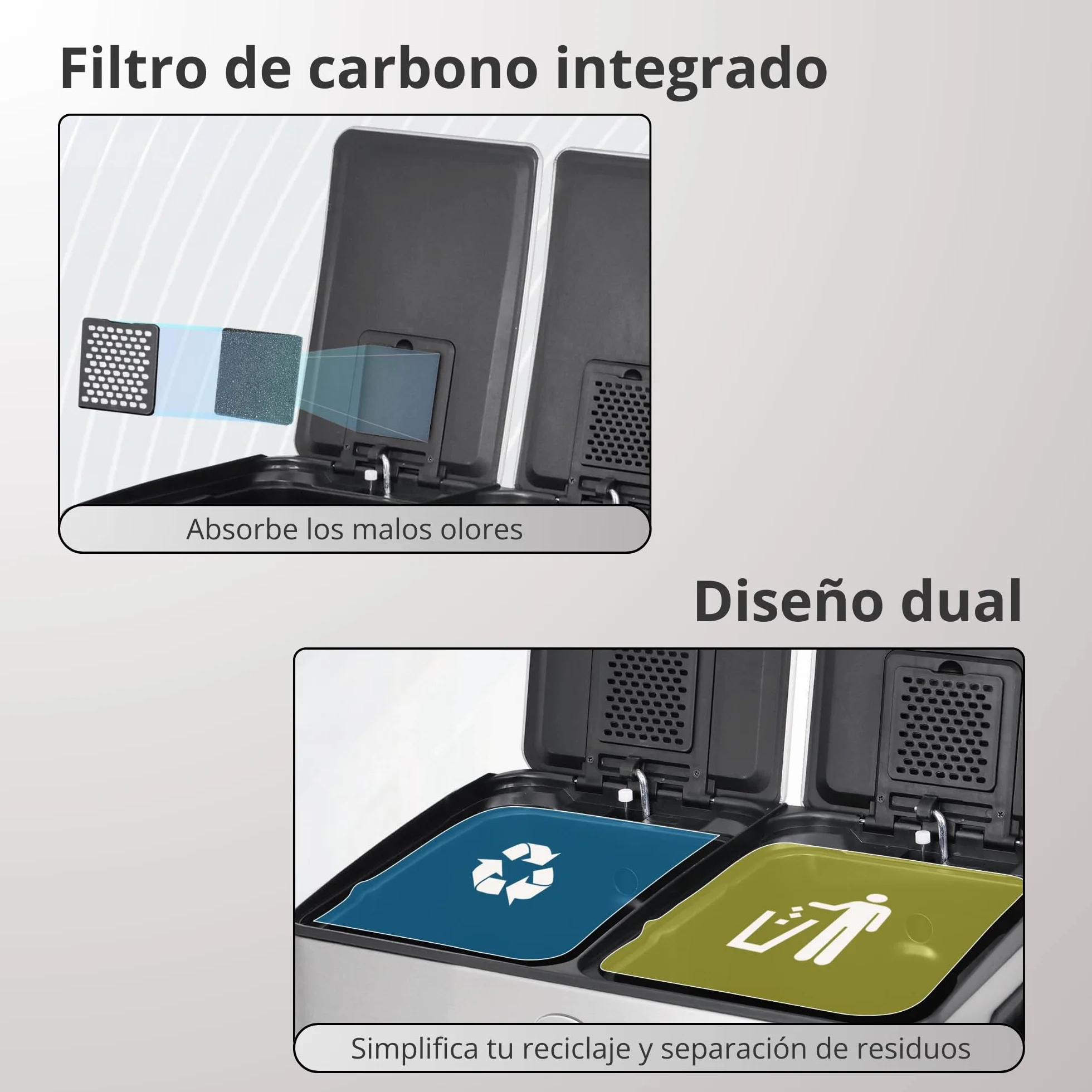Cubo de Basura para Cocina 2 x 30L (60L), Cubo de Reciclaje Doble, de Acero Inoxidable Antihuella, Tapa de Cierre Suave y Pedal, Incluye 20 Bolsas de Basura, Compartimentos Separados