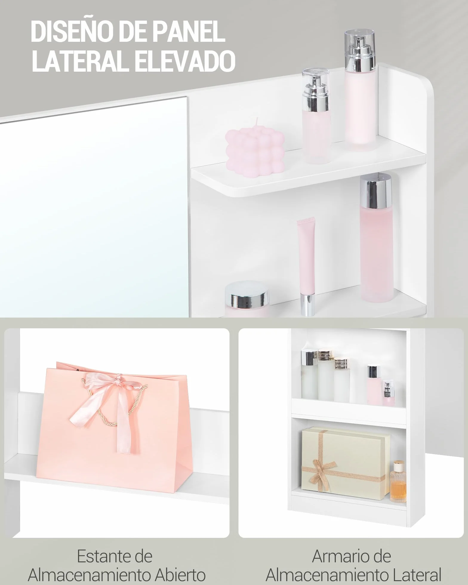 Hzuaneri Tocador con Espejo HD Grande, tocador de Maquillaje con luz LED, 6 Compartimentos Abiertos, 5 cajones y Espacio de Almacenamiento Lateral, 40 x 108 x 138 cm, Blanco DT44003XEU