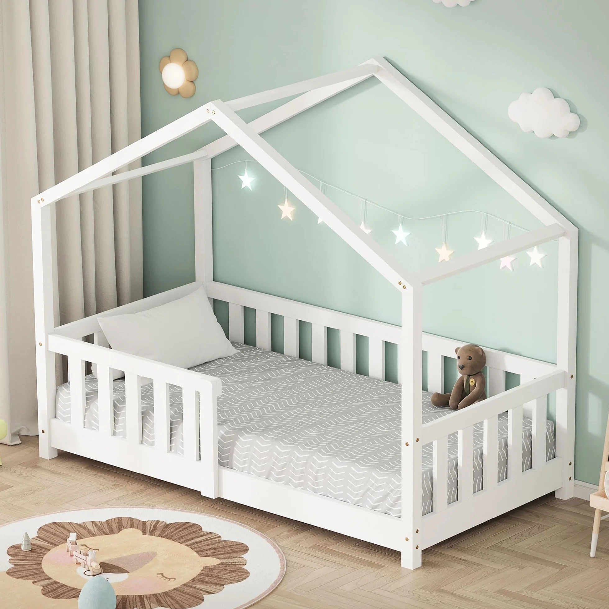ML-Design Cama Infantil Casa 70x140 cm Madera Blanca Maciza de Pino, Casita Estilo Montessori con Somier de Láminas, Techo y Protección Anticaída, Cuna Baja de Suelo para Niños, Litera Junior