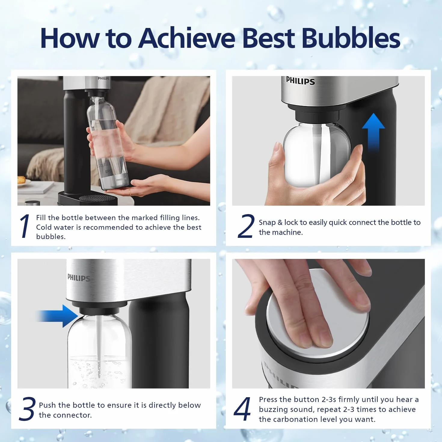 Philips Máquina para hacer refrescos de acero inoxidable con gas para el hogar, 1 litro, sin BPA, compatible con carbonatador de CO2 de 60 L