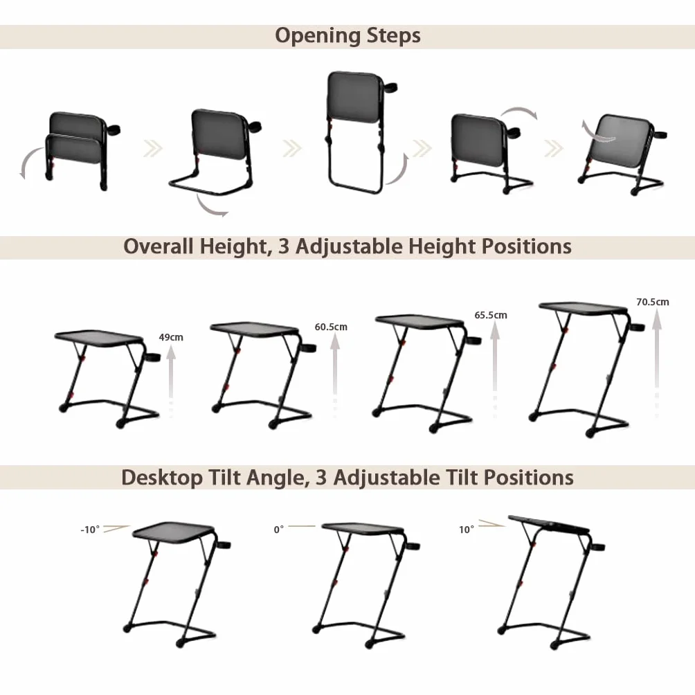 Mesa de TV Ajustable con 4 Alturas y 3 Ángulos de Inclinación, Bandejas de Cena, Portavasos, Negro