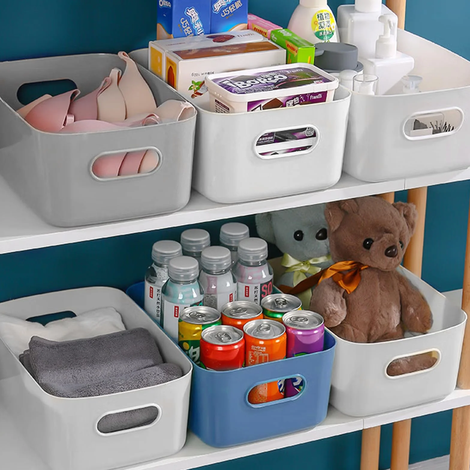 12 Pcs Cestas Almacenaje de Plástico(20 x 14 x6.5cm),Cajas Organizadoras con Asas,Cajones Almacenaje para Cocina,Escritorio,Oficina,Cosmético,Baño.