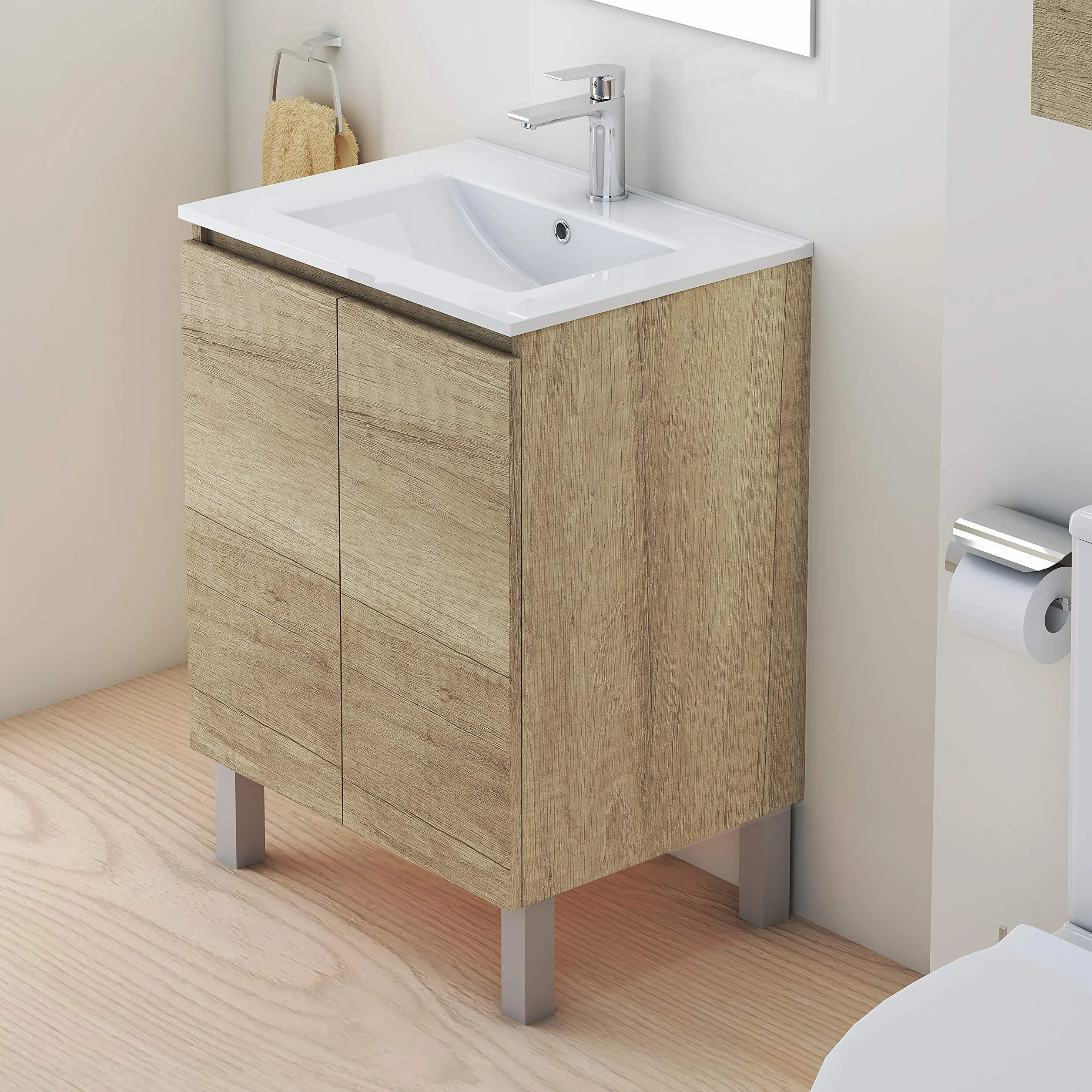 Baikal Conjunto Mueble de Baño con Lavabo y Espejo con Aplique LED con Patas, en Varios Acabados, Melamina 16. 2 Puertas 60 cm Nature