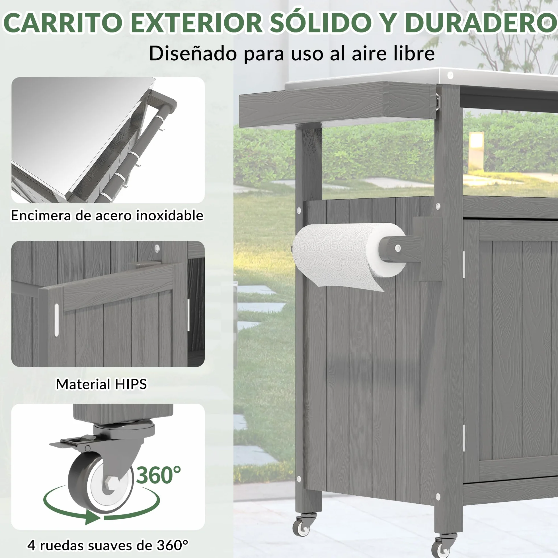 Isla de Cocina Exterior HIPS Impermeable con Top de Acero Inoxidable & Armario de Almacenamiento, Mesa de Preparación Móvil con Ruedas para Preparar Comida BBQ, Carrito de Grill Exterior para Fiestas