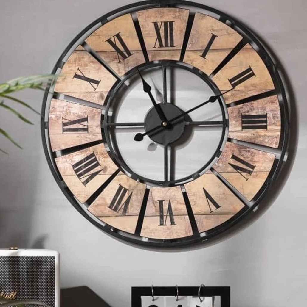 K&L Wall Art Reloj de pared grande vintage, metal y palé, sin ruido de tictac, moderno XL, números romanos (metal, aspecto de madera, 50 cm, madera antigua)