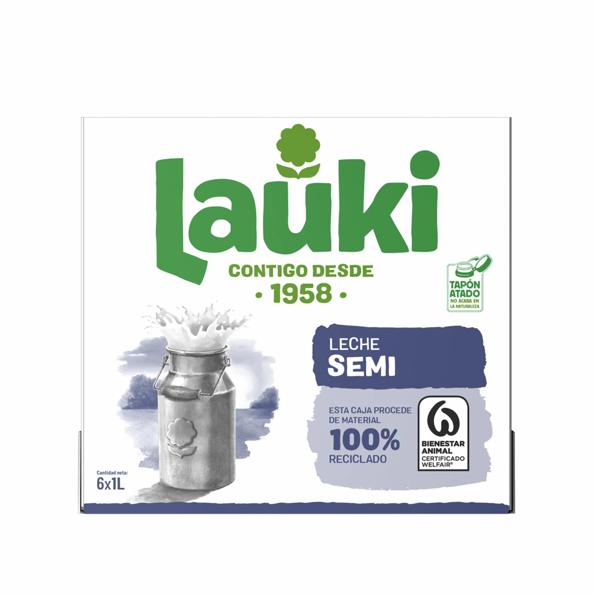 Lauki Leche Semidesnatada Bienestar Animal Sin Azúcar Añadido Sin Gluten Brik UHT Pack 6 x 1L
