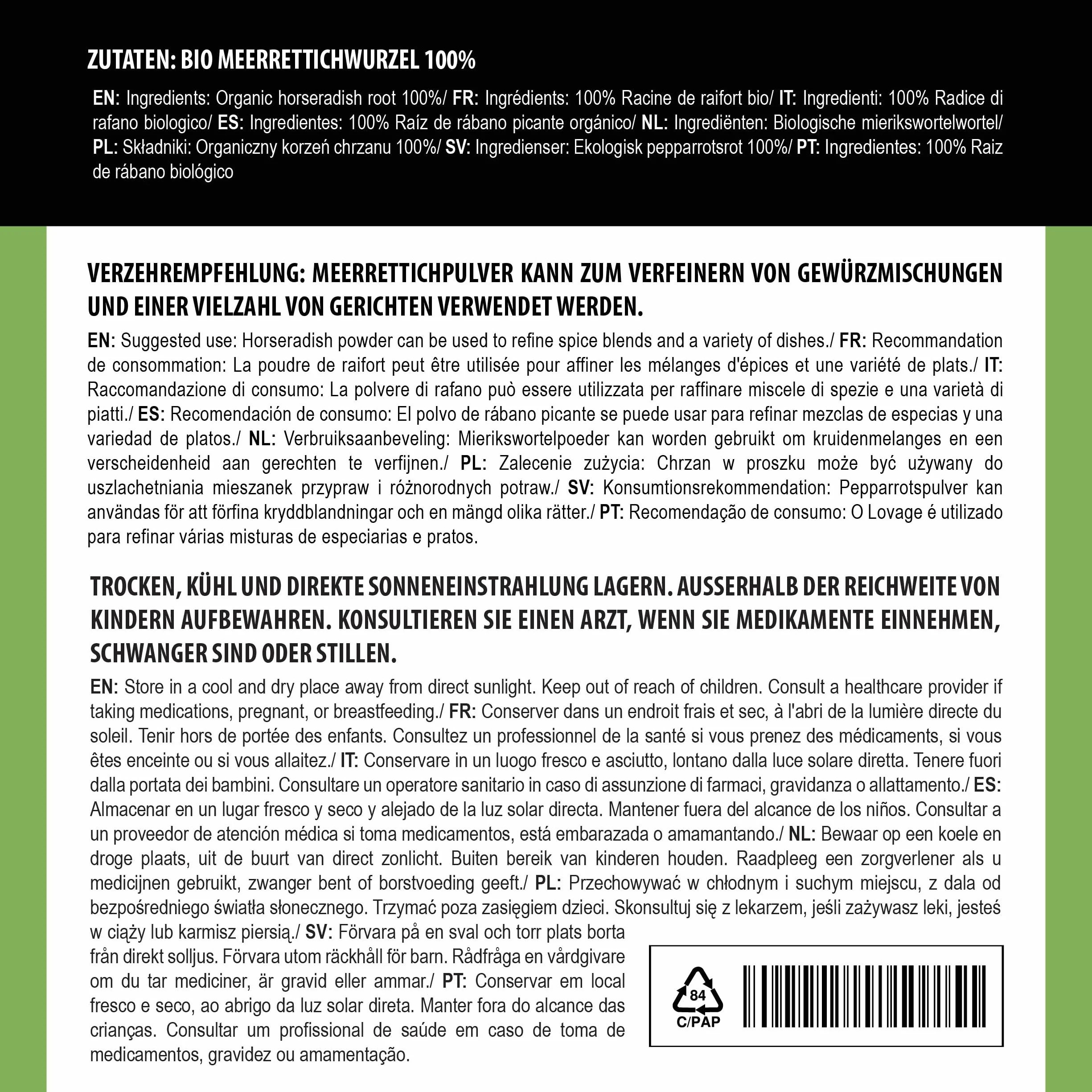 Alpi Nature Rábano Picante Orgánico Molido 100g, Polvo de Raíz