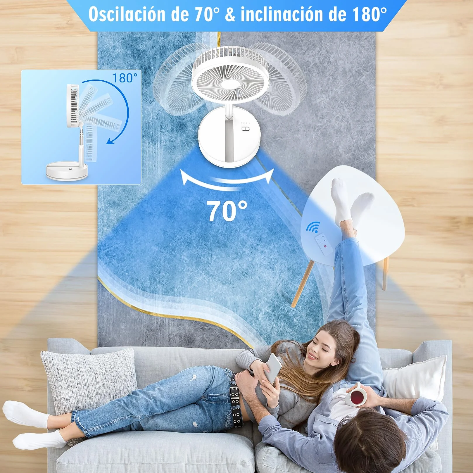 Ventilador de Pie Portátil Plegable Oscilante 8000mAh Batería Recargable USB C con Control Remoto Silencioso para Hogar
