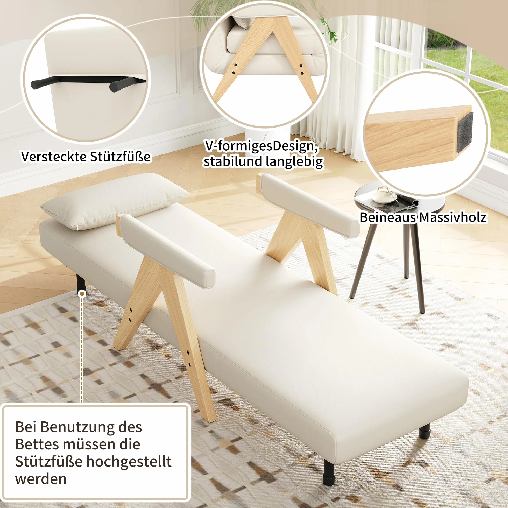 Sillón plegable acolchado 3 en 1 con función de sueño, sofá cama convertible, sillón lounge, cama individual, adecuado para salón, dormitorio, oficina, apartamento, etc. (beige)
