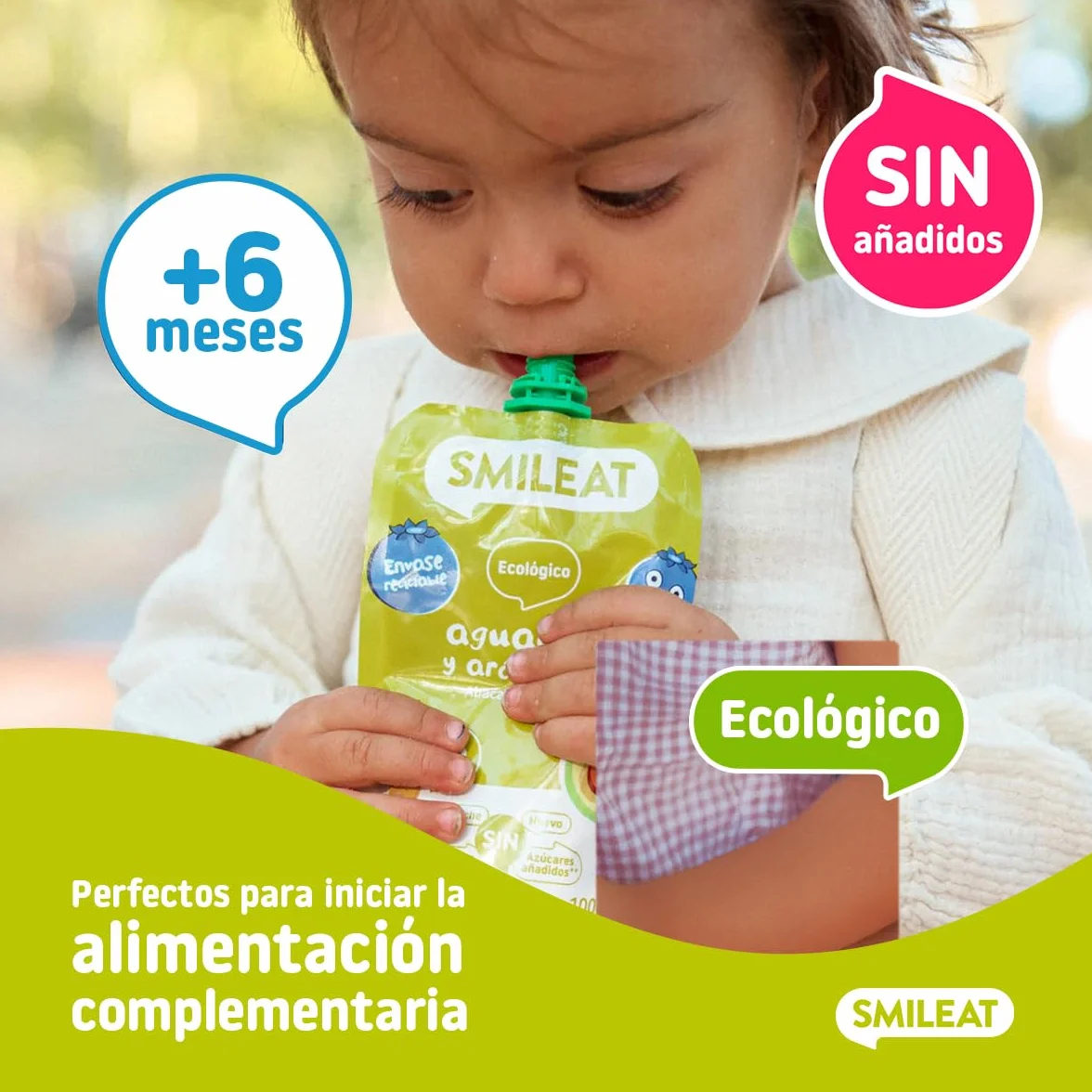Smileat Pouch de Frutas Ecológicas Sin Sal ni Azúcar Añadido Sin Gluten Sabor Aguacate y Arándanos