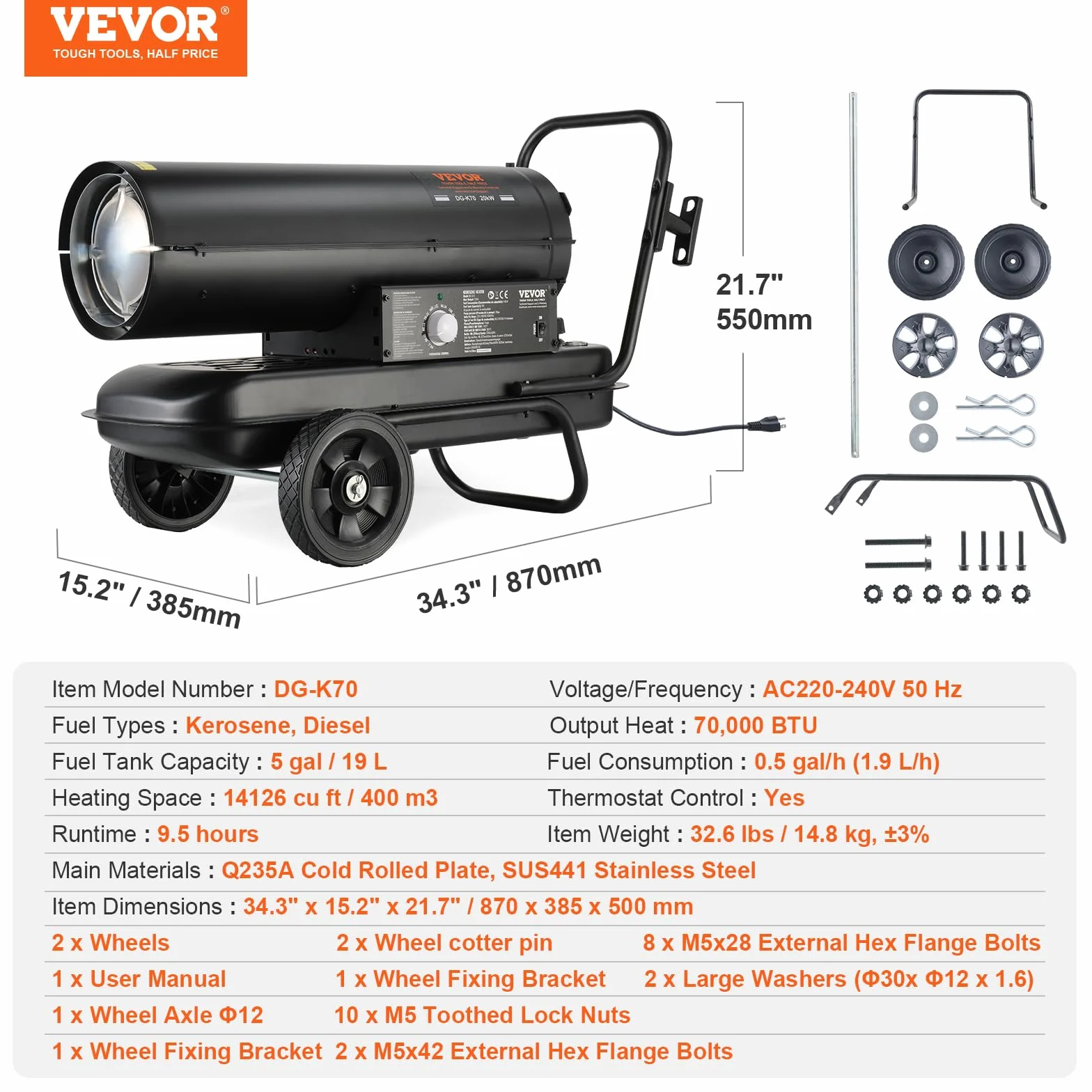 VEVOR Calentador de Aire Forzado a Queroseno/Diésel, 70000 BTU, Portátil con Control de Termostato, Tanque de 19 L, para el Hogar, el Lugar de Trabajo, la Industria, Negro, 870 x 385 x 550 mm
