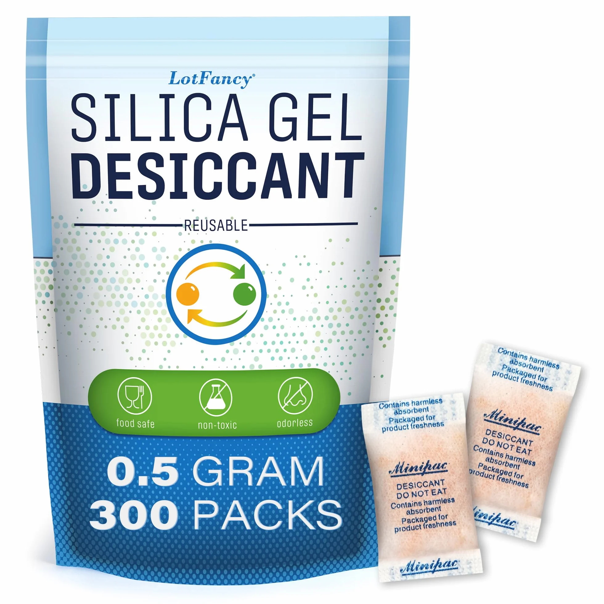 LotFancy 300 Bolsas de Gel de Sílice 0.5g, Desecante Antihumedad con Indicador (Naranja a Verde), Bolsitas Deshumidificadoras para Alimentos Electrónica Joyas y Colecciones