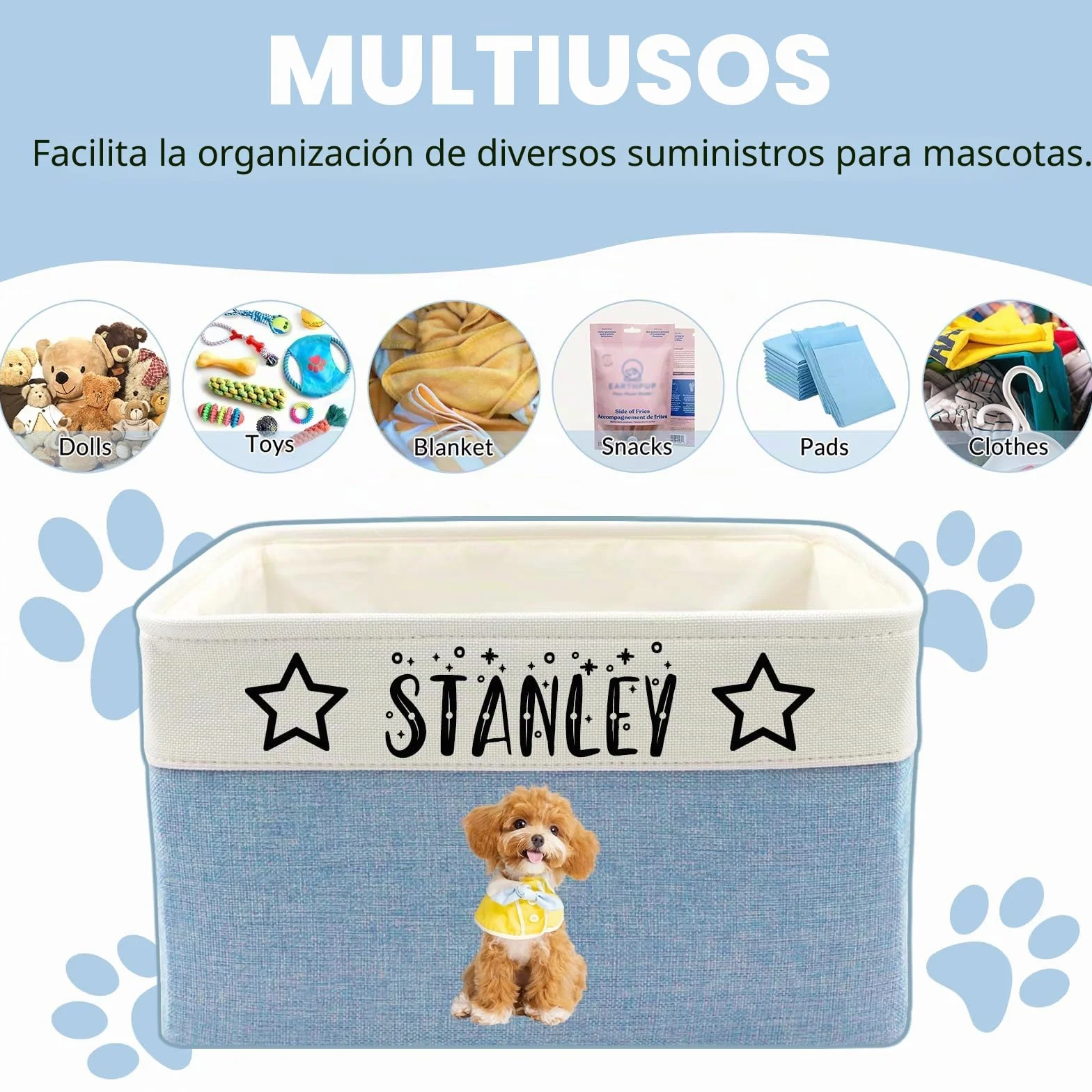Cesta de Almacenamiento de Juguetes para Mascotas Personalizada - Organizador Personalizado de Juguetes para Perros y Gatos con Nombre, Contenedor de Tela Plegable y Duradero para Suministros