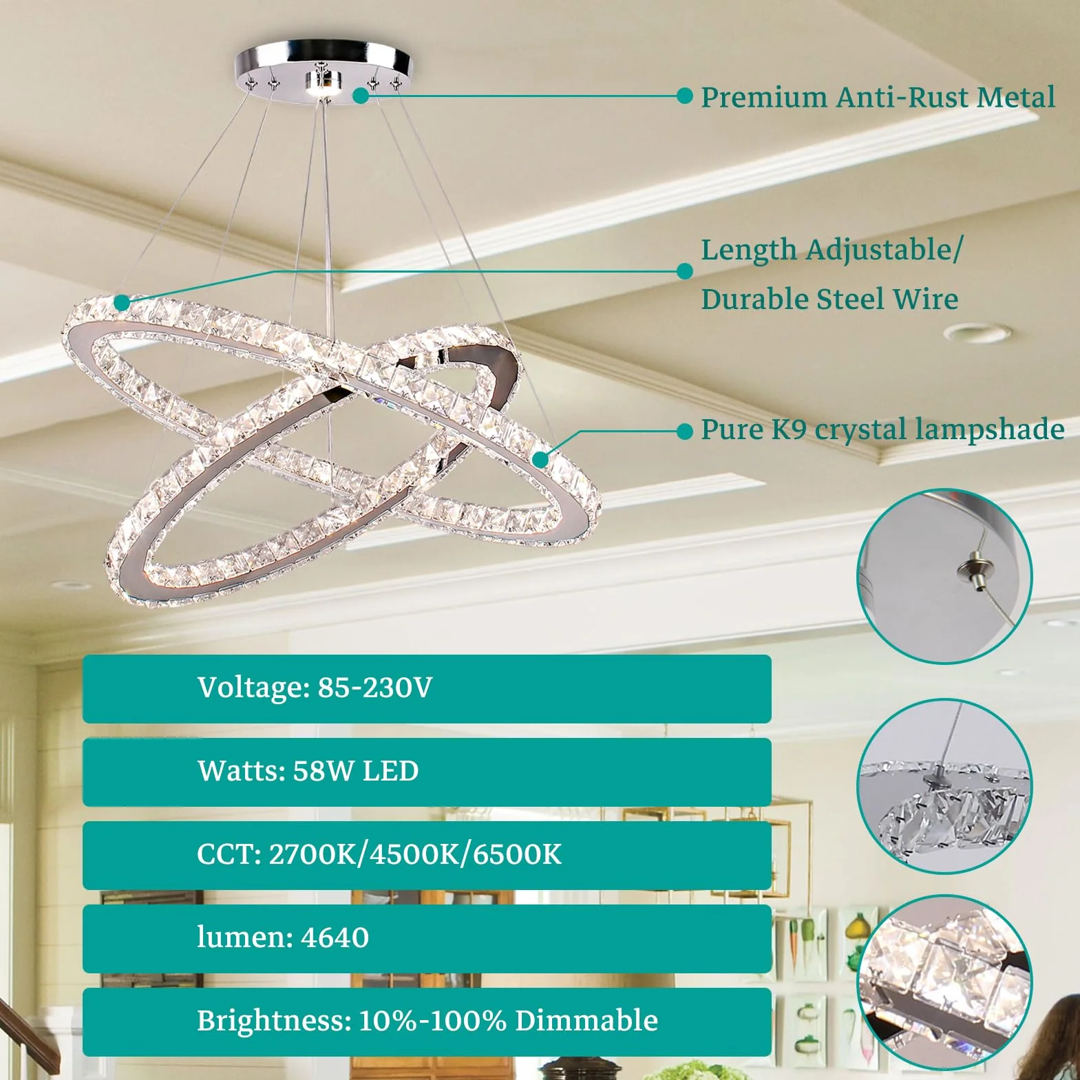 Finktonglan Candeliers de cristal, óvalo 2 anillos Chandelier moderna con control remoto, lámpara lineal LED LIGHTLIER PIELTA LUZ para comedor de cocina dormitorio de sala de estar dormitorio