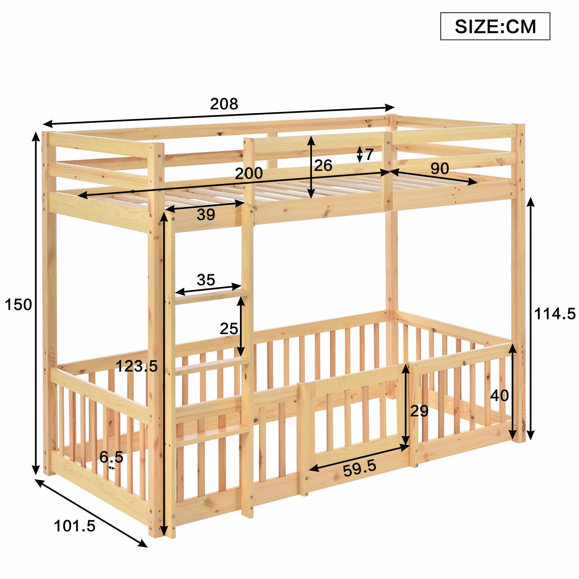 Lubvtti Litera Infantil 90 x 200 cm,Cama para niños con protección anticaídas y barandilla,Estructura Cama 90x200,Cama Superior con somier de láminas, Natural