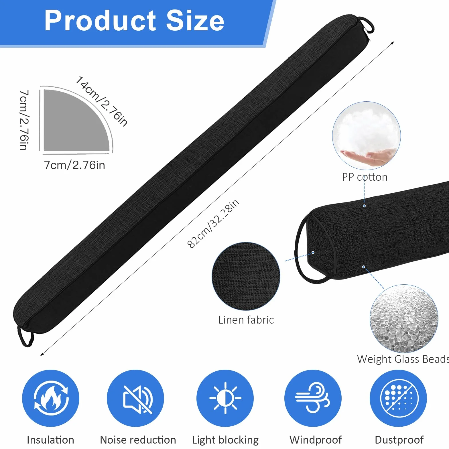 Burlete para puertas - 82 cm de burlete pesado para puertas, burlete para protección, burlete con asas de suspensión para aislar del viento y el ruido de puertas y ventanas, color negro