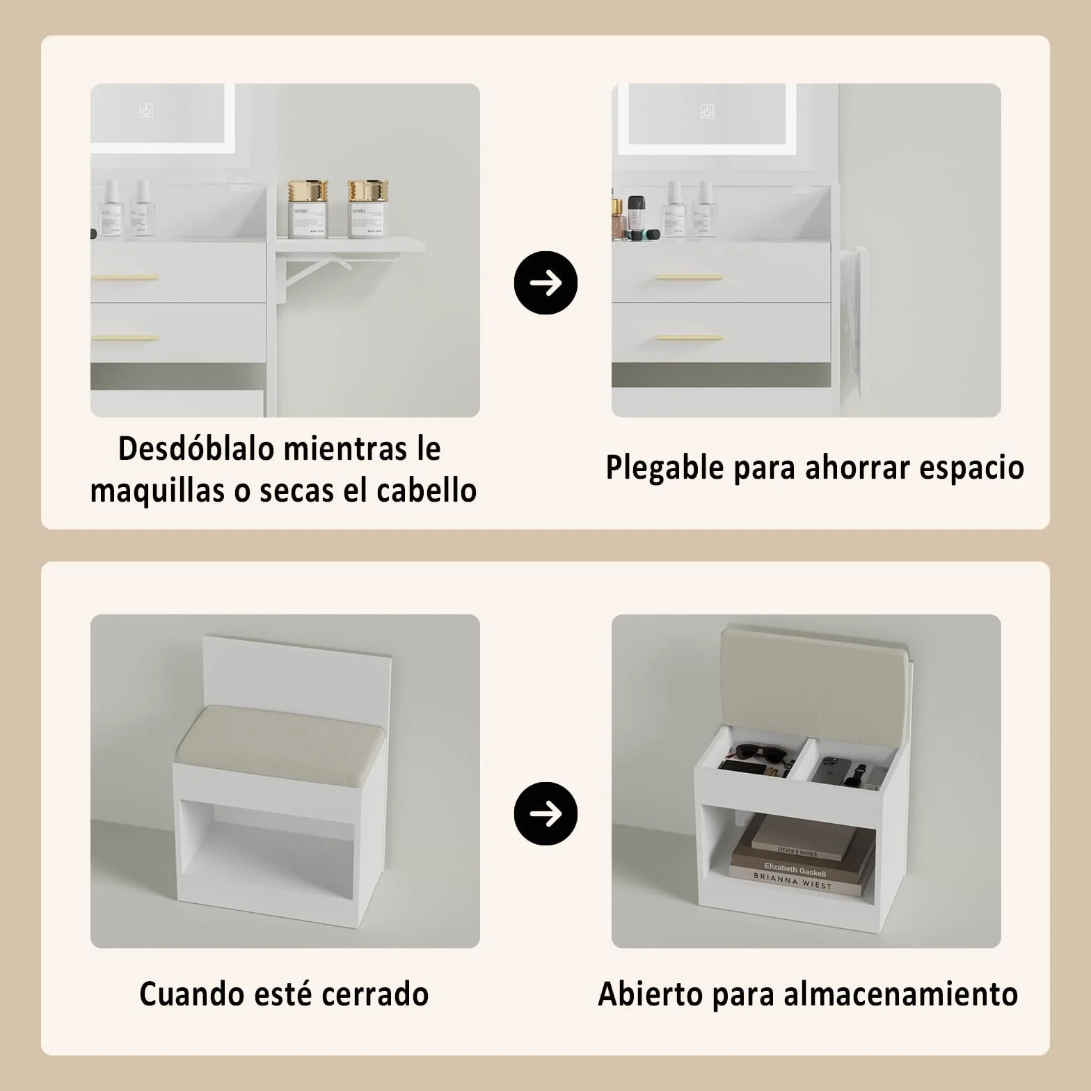 YU YUSING Tocador 3 en 1 con Espejo Abatible, Tocador con Taburete