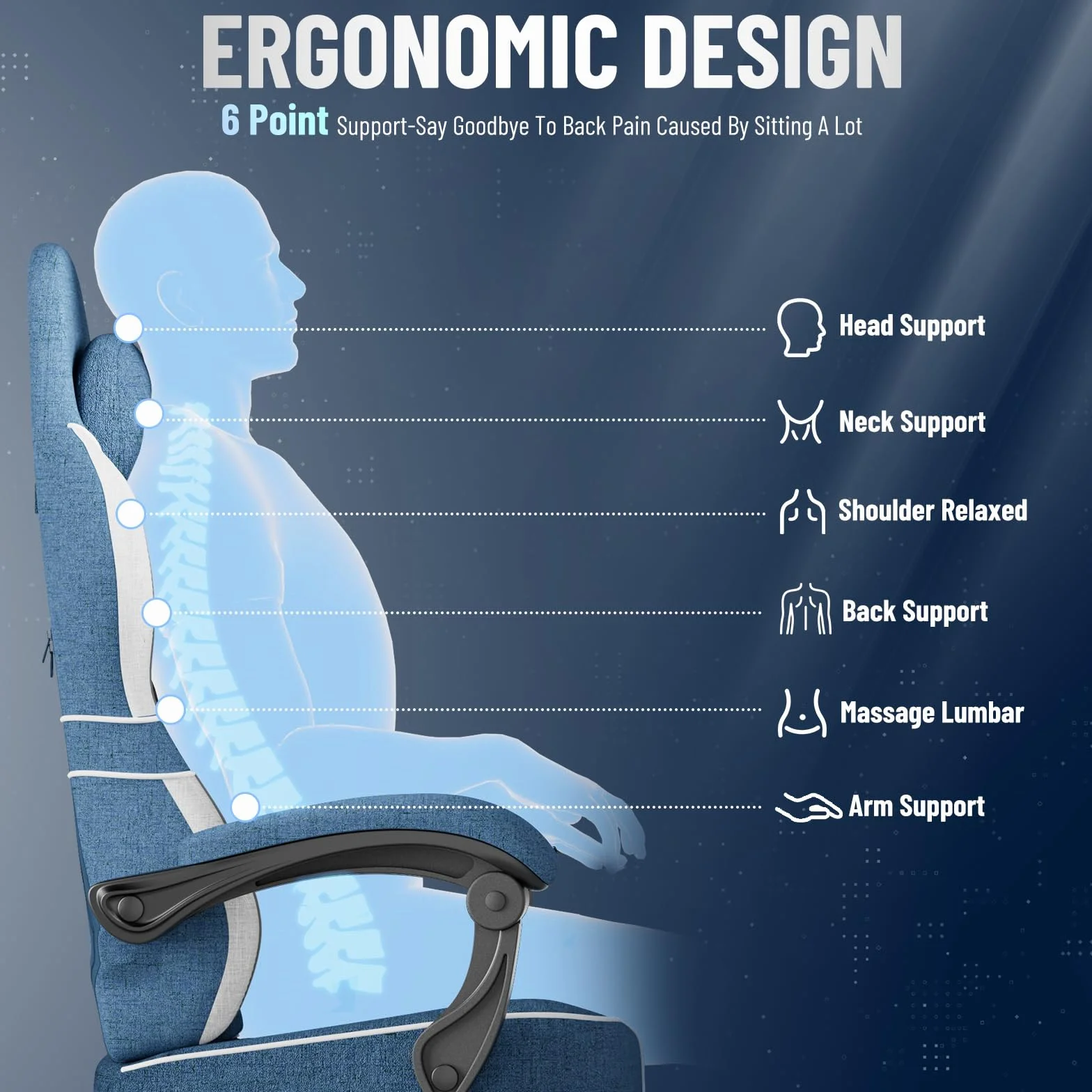 Huracan Silla Gaming con función masajeador, Silla Gamer Oficina con reposacabeza y Soporte Lumbar, sillón ergonómico Gaming con reposapiés, Respaldo Ajustable 90-160°, 150KG, algodón y Lino, Azul