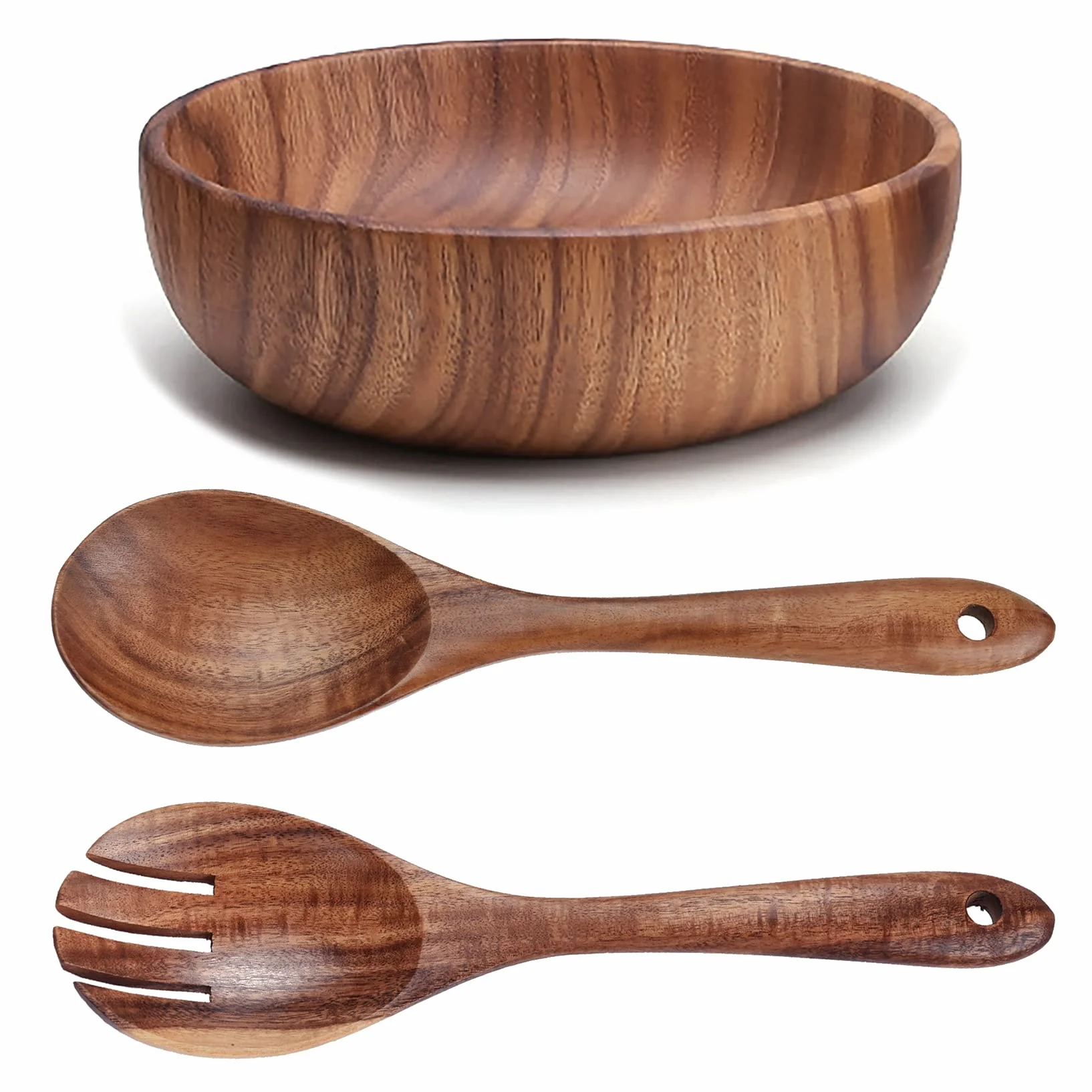 Ensaladera de madera de gran tamaño (22 cm x 7,5 cm), con juego de cuchara y tenedor de madera (26 cm x 6,8 cm), cuenco de madera de acacia, cuencos grandes de madera para servir