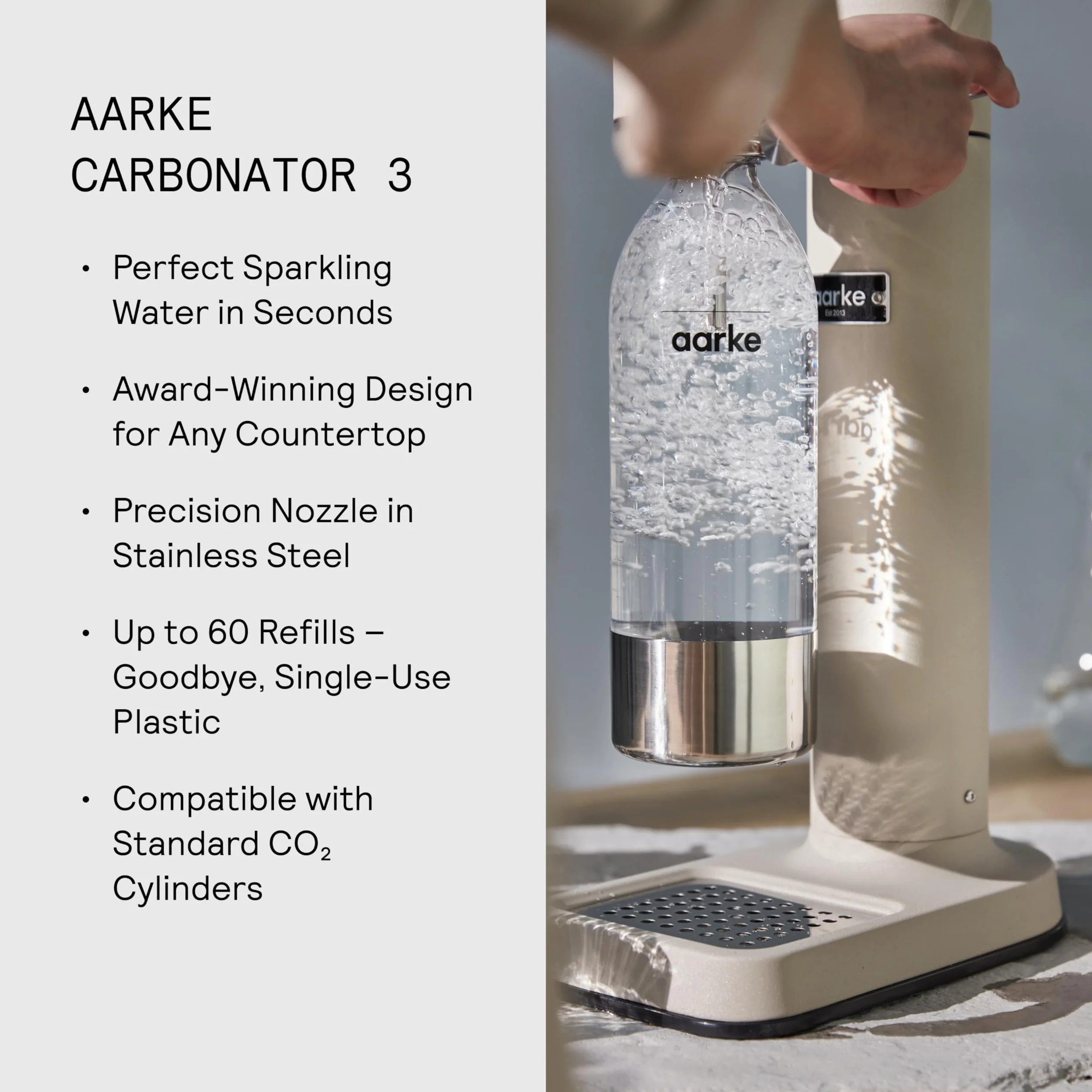Aarke Carbonator 3 fabricante de agua con gas acero inoxidable acabado arena 60 litros CO2