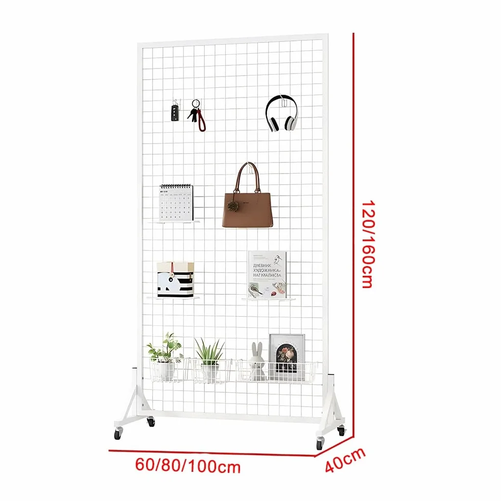 Expositor De Pie para Paneles Gridwall Estante De Almacenamiento Móvil De Malla Metálica con 4 Ruedas 60x40x120cm Blanco