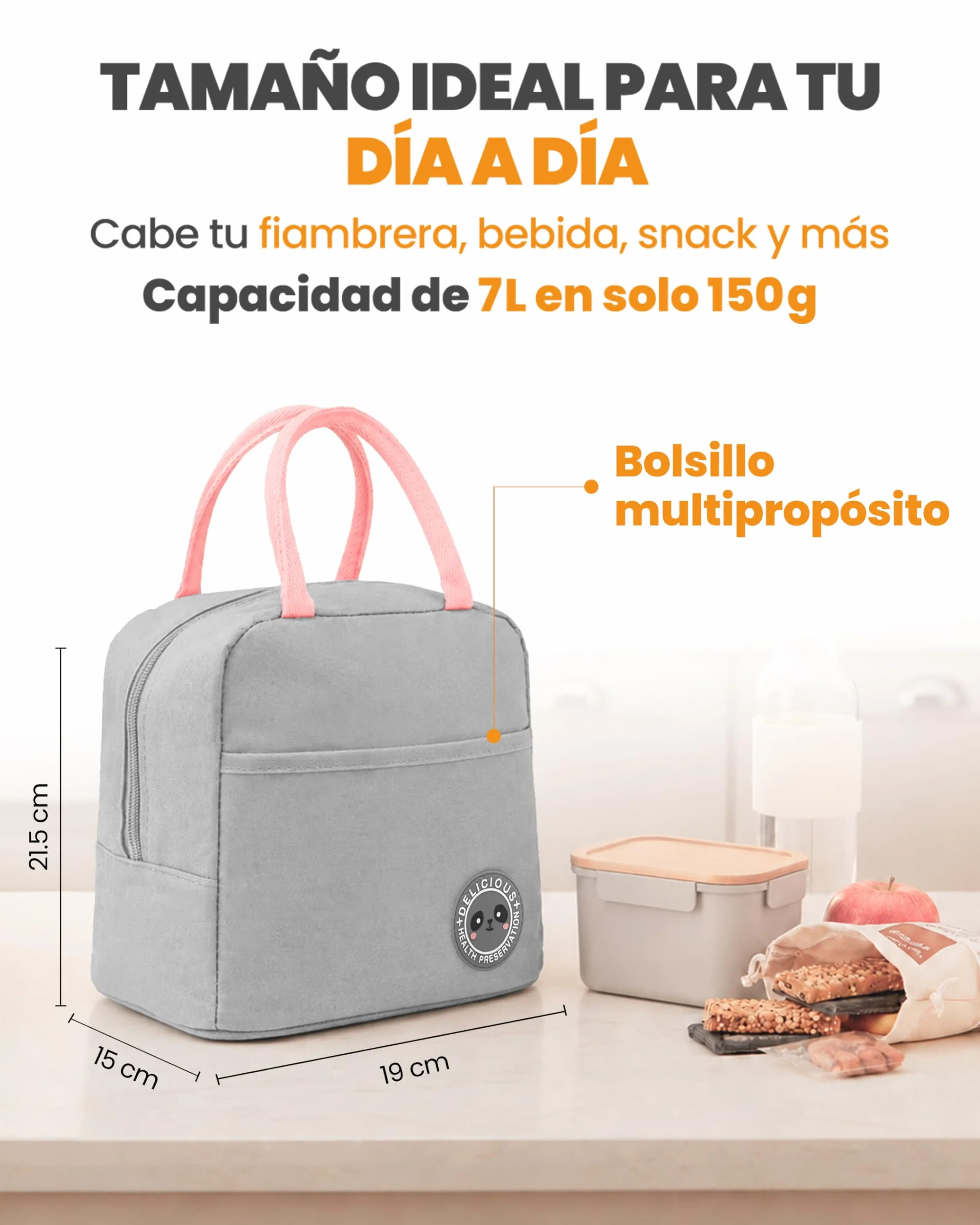 Bolsa Térmica Porta Alimentos 7L Nevera Portátil Aislamiento Impermeable Hermética Isotérmica Gris Rosa