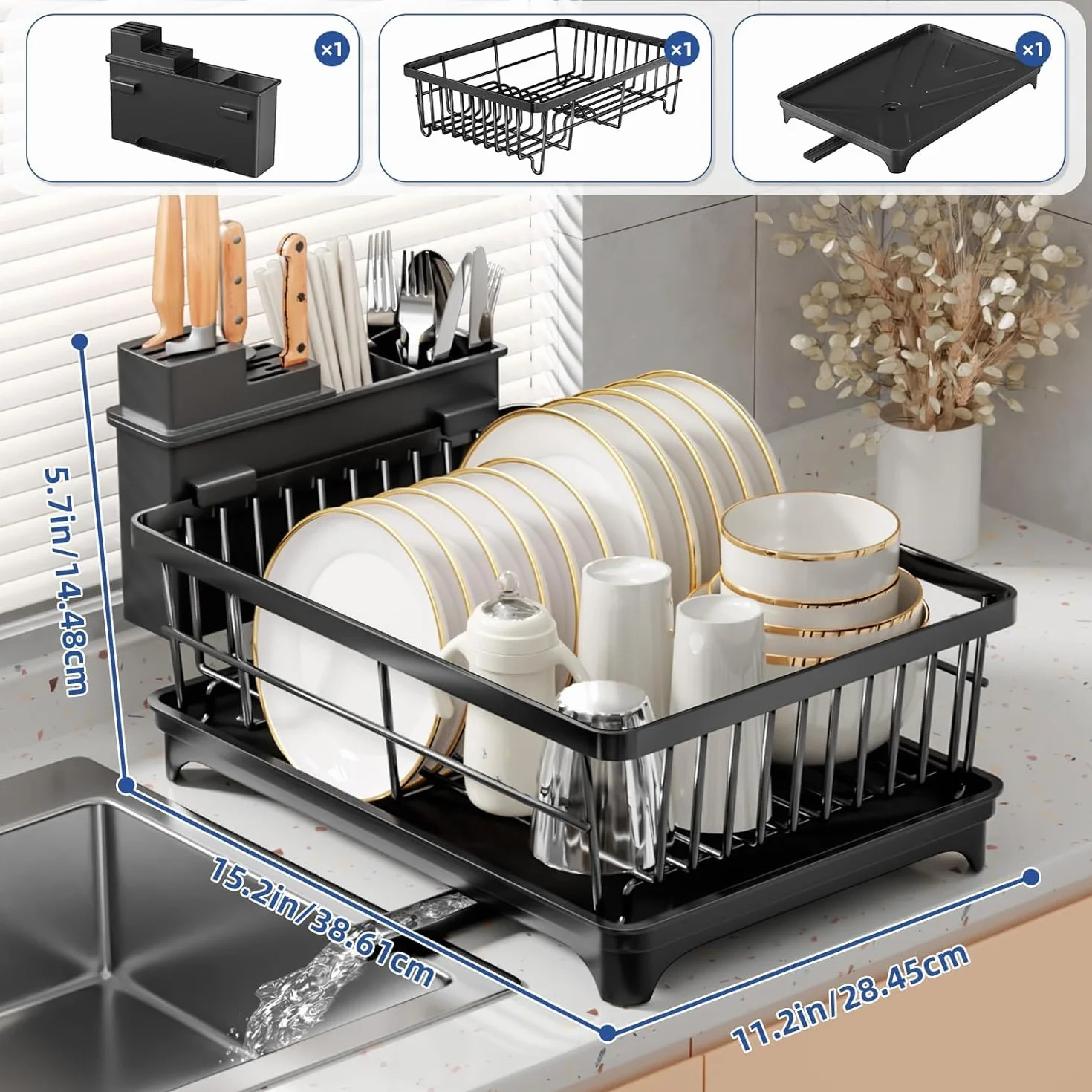 PurKeep Escurreplatos Escurridor de Platos Ahorra Espacio con Soporte para Utensilios, Gran Capacidad, Negro