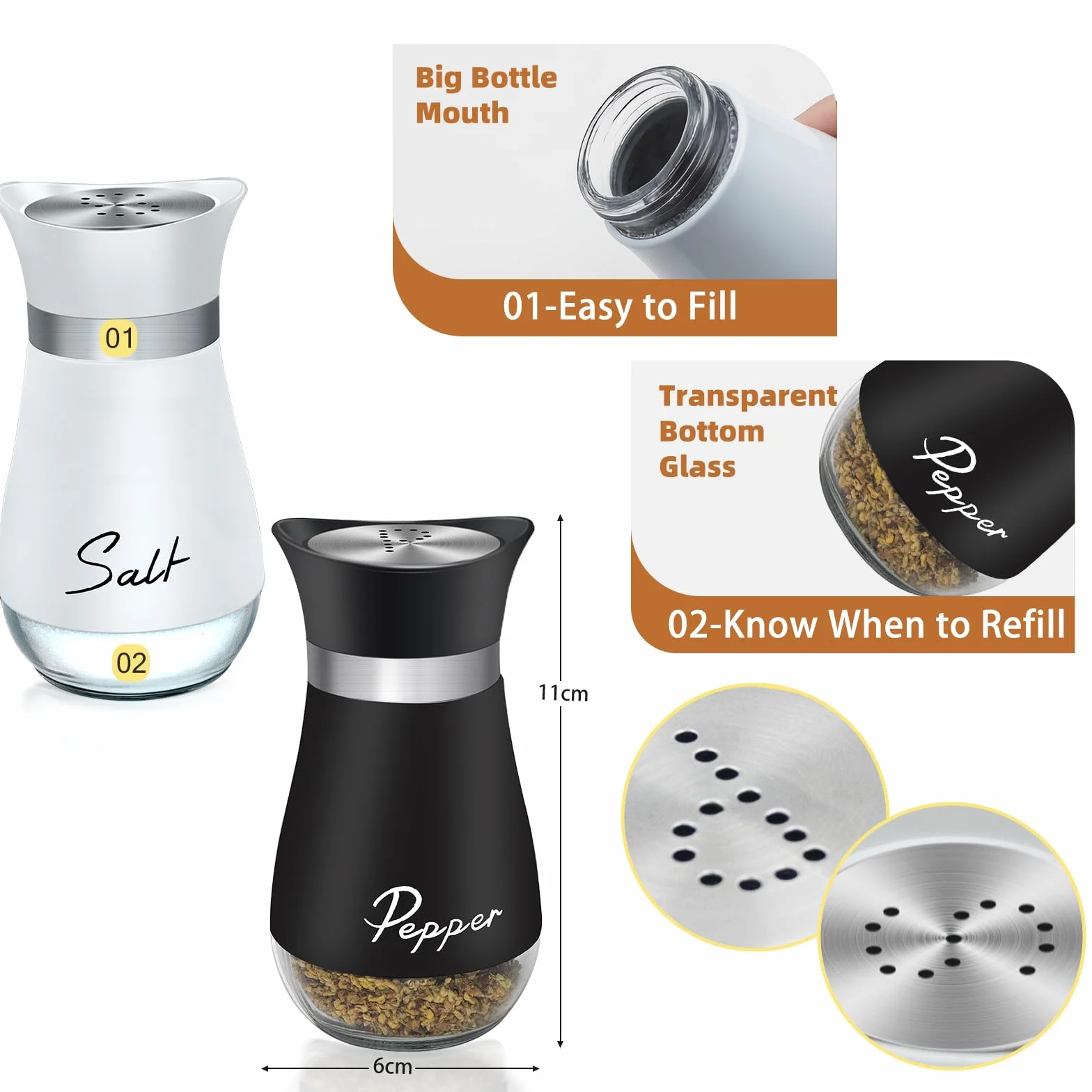 Juego de Salero y Pimentero de Vidrio Negro y Blanco con Bandeja, Acero Inoxidable, Set para Cocina