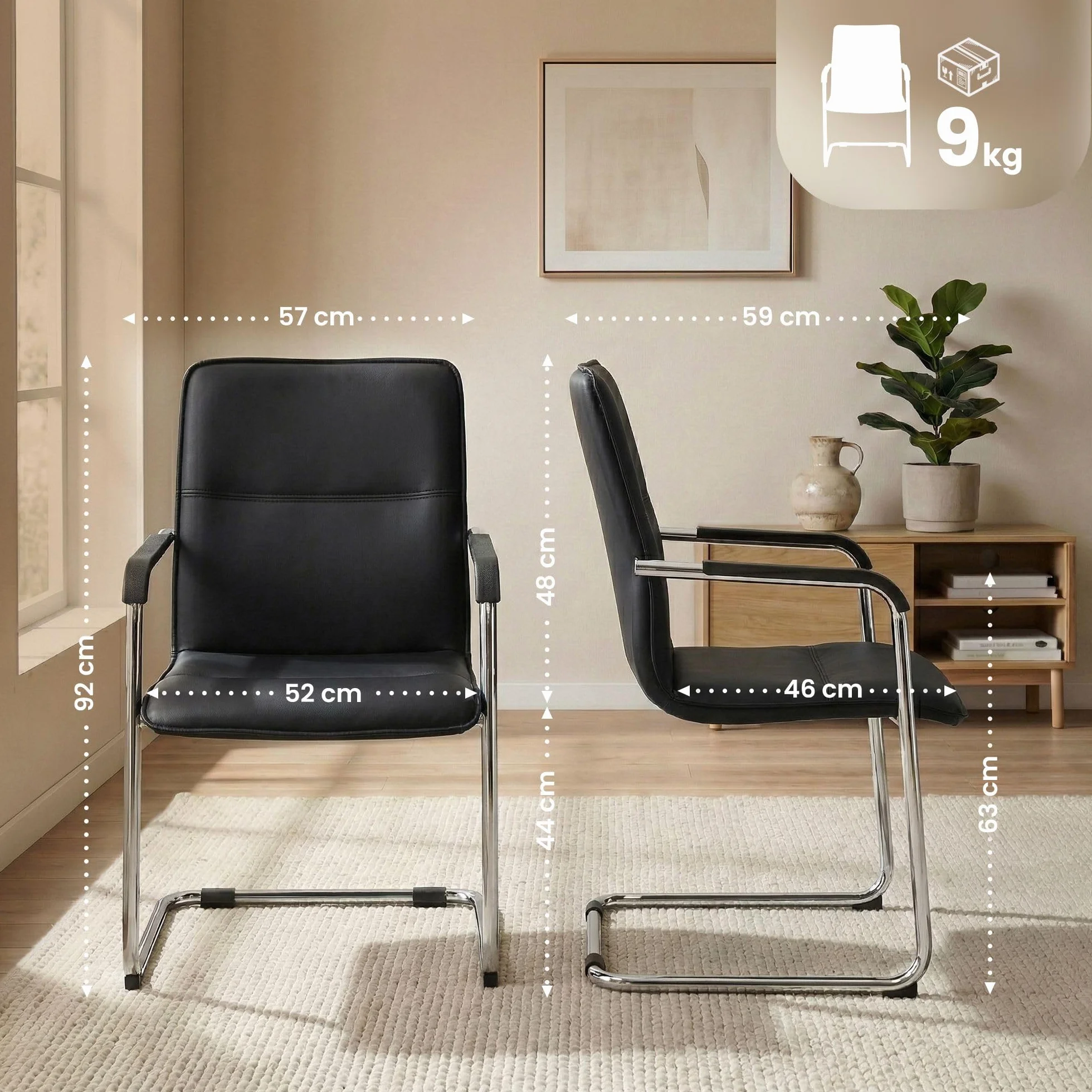 CLP Silla voladiza Seattle con reposabrazos, Silla de Comedor Moderna tapizada en Piel Sintetica, Estructura Metalica Efecto Cromo, Color:Negro