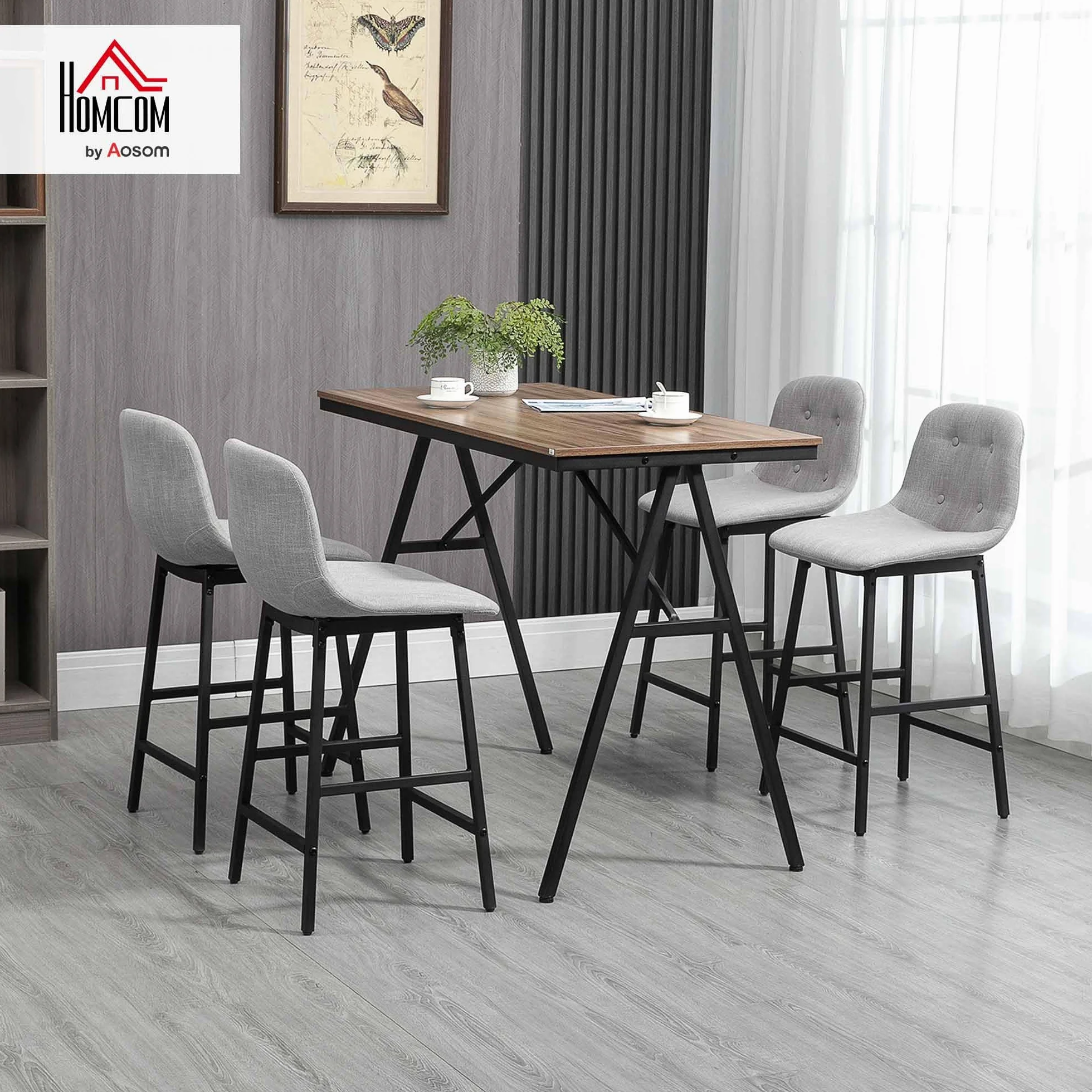 HOMCOM - Conjunto de mesa de bar con taburetes, mesa de comedor de pie con 4 sillas tapizadas, patas de acero, estilo industrial, mesa alta bar y 4 taburetes para comedor, cocina, color gris claro