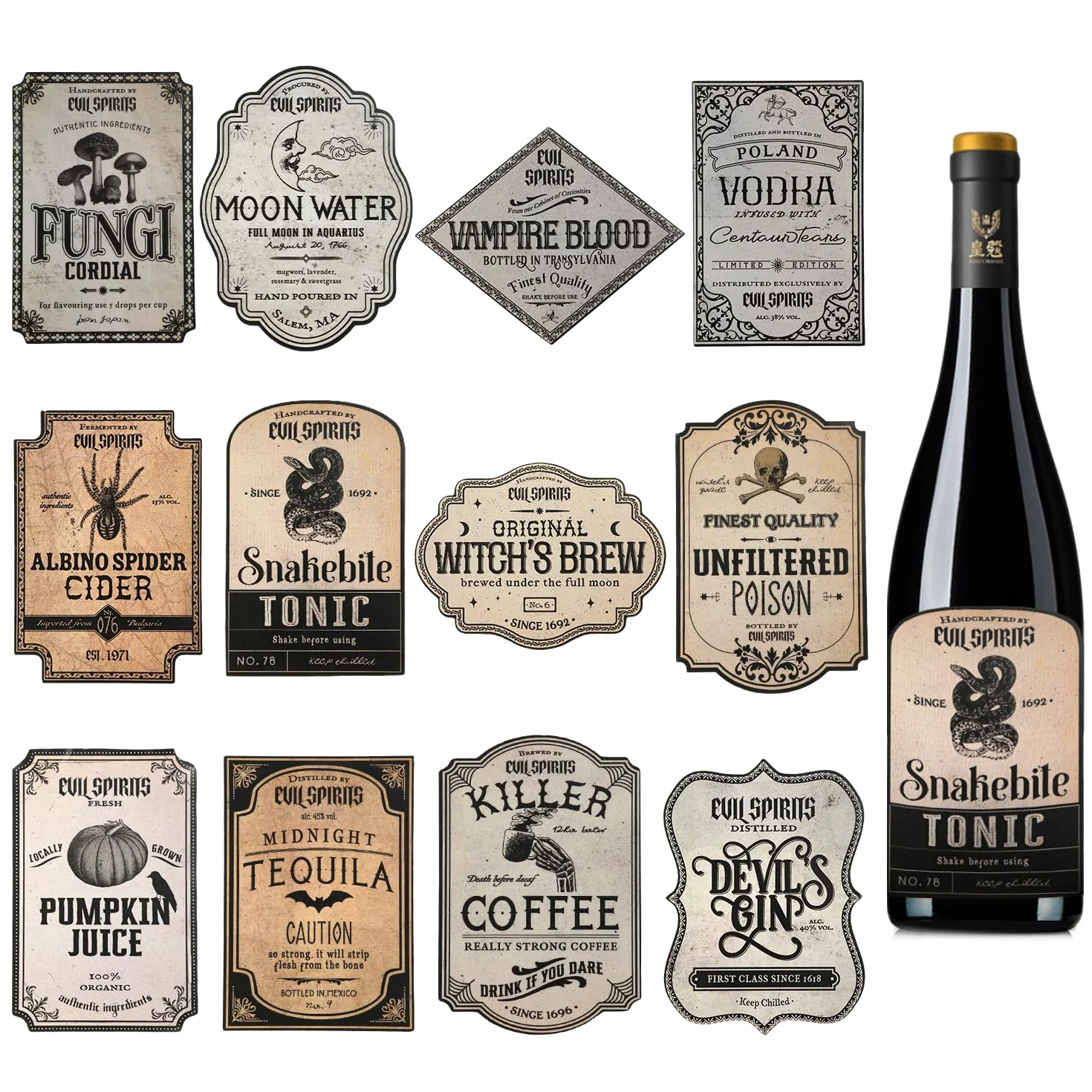 36 Uds Etiquetas para Botellas de Vino de Halloween, Vintage Impermeables Etiquetas Adhesivas para Botellas de Poción, Pegatinas para Botellas de Vino para Decoración de Fiestas de Halloween